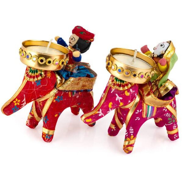JH Gallery Handmade Recycled Material Elephant Rider Rajasthani Dolls Puppet Tealight Candle Holder, Multicolor (1 Pair)
