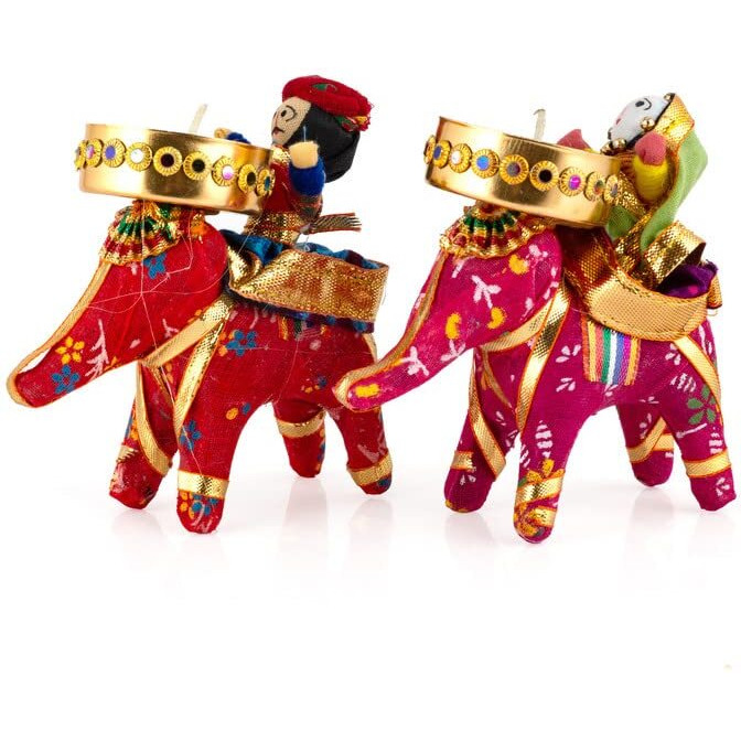 JH Gallery Handmade Recycled Material Elephant Rider Rajasthani Dolls Puppet Tealight Candle Holder, Multicolor (1 Pair)