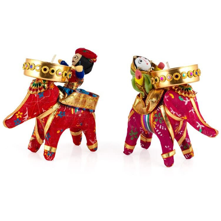 JH Gallery Handmade Recycled Material Elephant Rider Rajasthani Dolls Puppet Tealight Candle Holder, Multicolor (1 Pair)