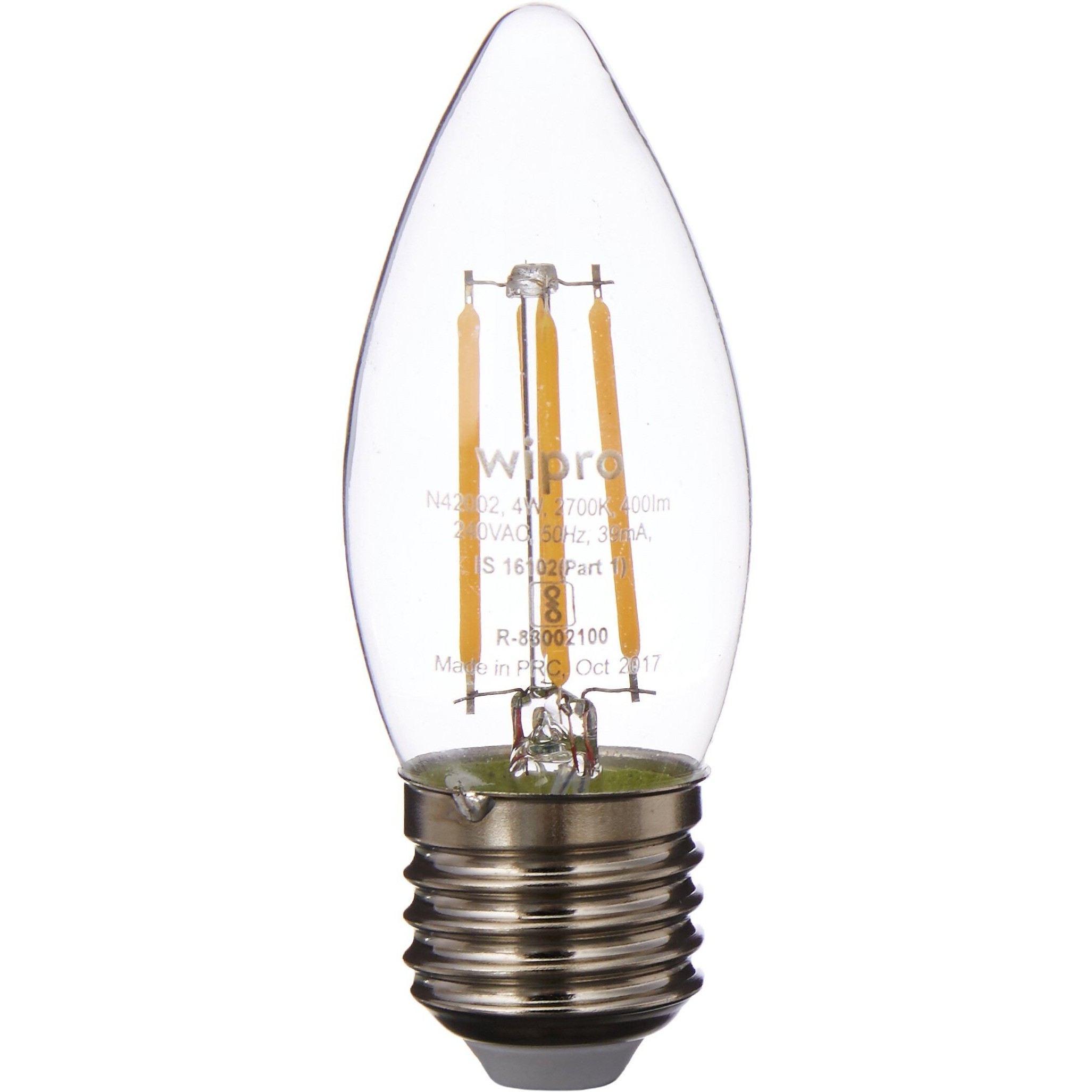 wipro Garnet 4W Classic Candle LED Bulb for decorative lights, Chandeliers | Warm White (2700K) | E27 Bulb Base | High Voltage Protection (440V) | Surge Protection (4KV) | Pack of 4