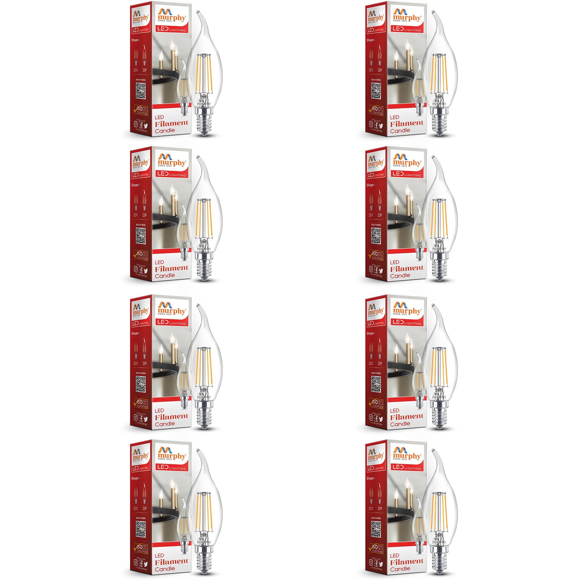 Murphy 5-watt Flame Shape Filament Candle LED Bulb | Filament Candle Bulb Home & Decoration|Bulb Base E14, Color Warm White|Pack of 8