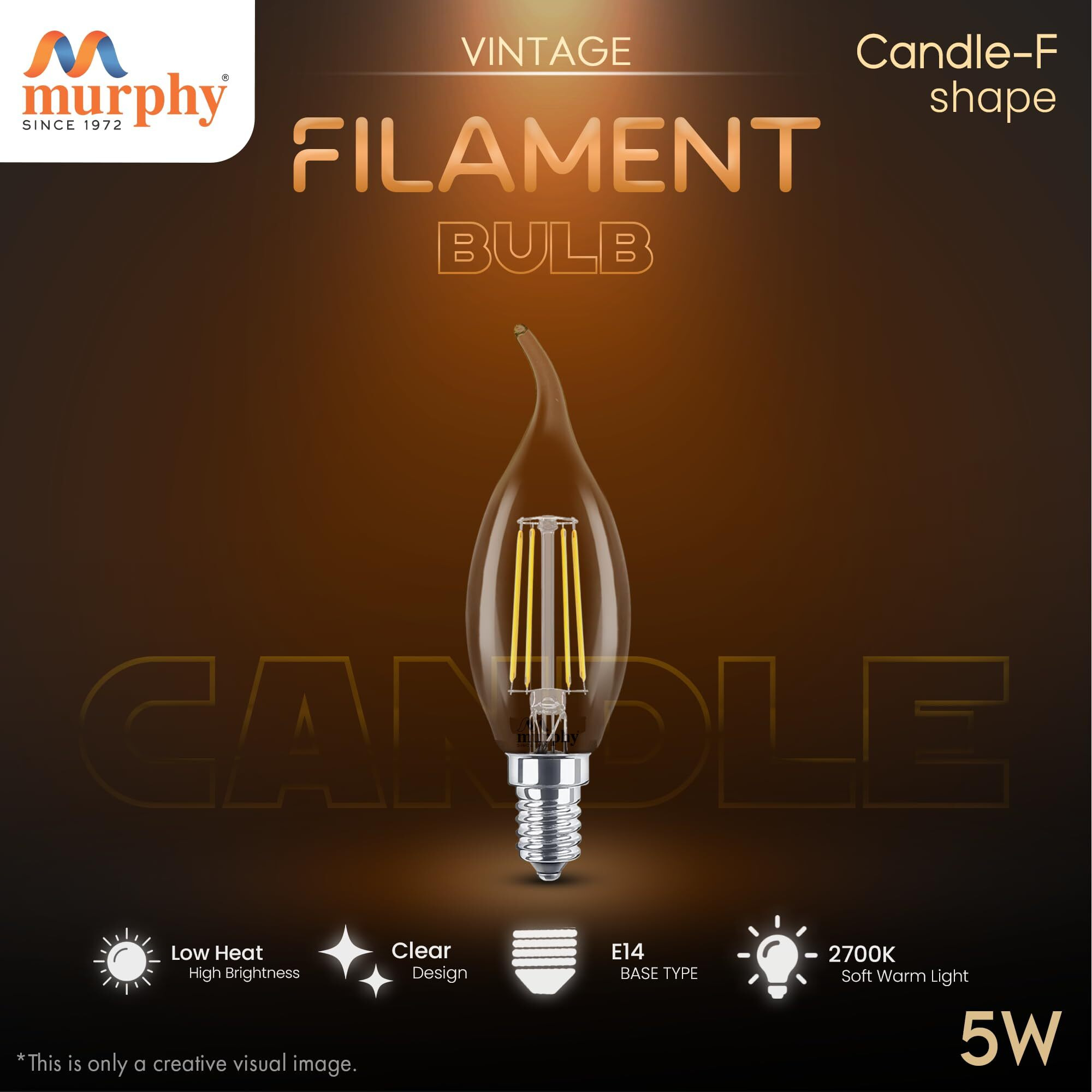 Murphy 5-watt Flame Shape Filament Candle LED Bulb | Filament Candle Bulb Home & Decoration|Bulb Base E14, Color Warm White|Pack of 15