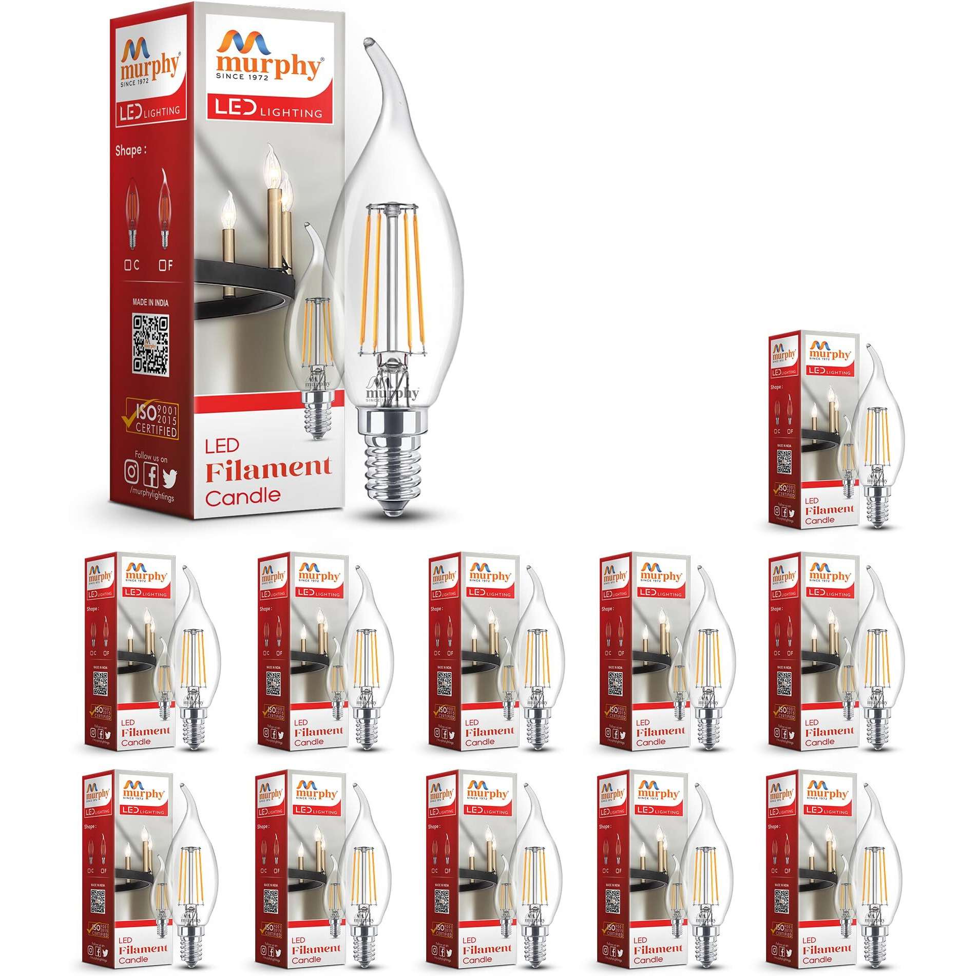 Murphy 5-watt Flame Shape Filament Candle LED Bulb | Filament Candle Bulb Home & Decoration|Bulb Base E14, Color Warm White|Pack of 12