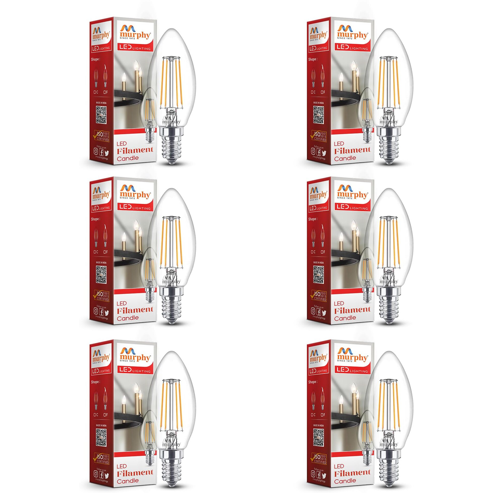 Murphy 5-watt Round Shape Filament Candle LED Bulb | Filament Candle Bulb Home & Decoration|Bulb Base E14, Color Warm White|Pack of 6