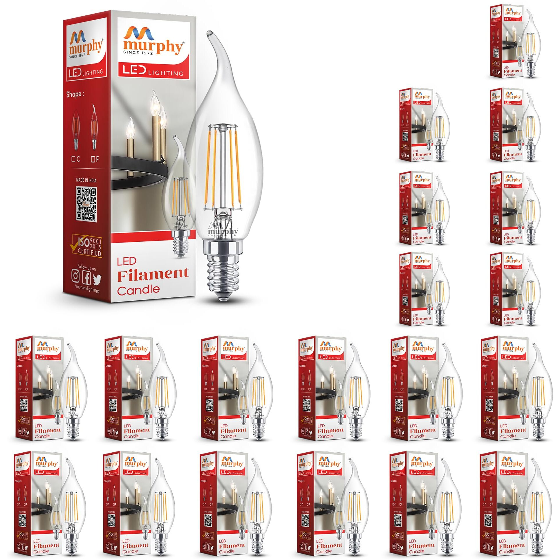 Murphy 5-watt Flame Shape Filament Candle LED Bulb | Filament Candle Bulb Home & Decoration|Bulb Base E14, Color Warm White|Pack of 20