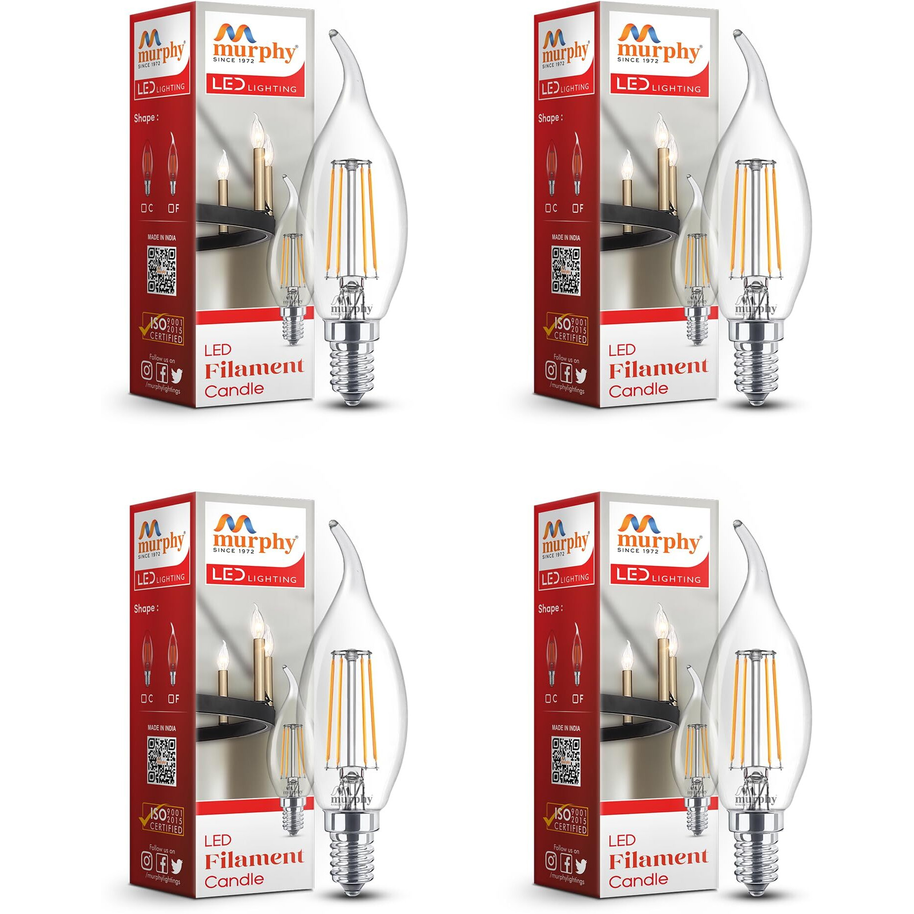 Murphy 5-watt Flame Shape Filament Candle LED Bulb | Filament Candle Bulb Home & Decoration|Bulb Base E14, Color Warm White|Pack of 4