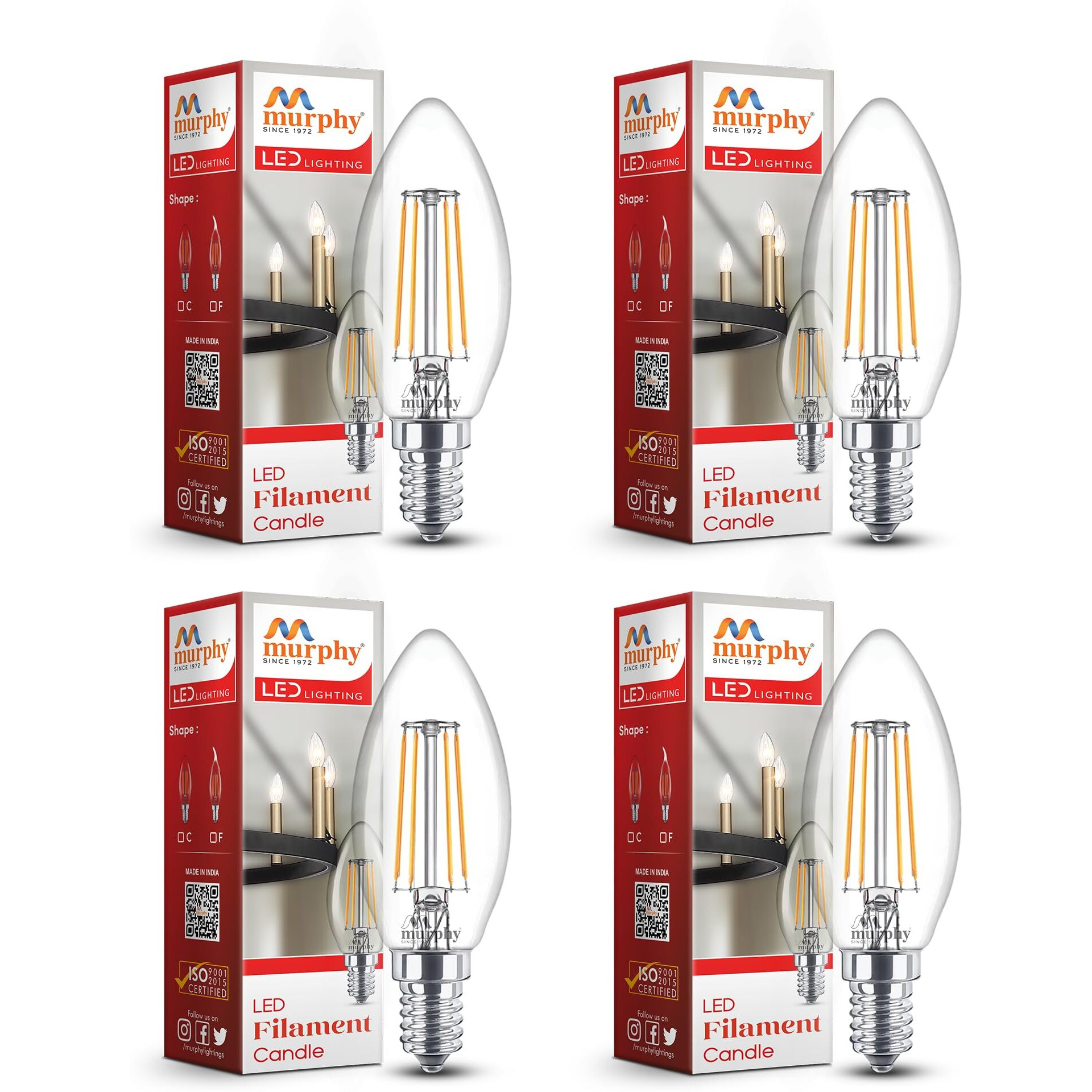 Murphy 5-watt Round Shape Filament Candle LED Bulb | Filament Candle Bulb Home & Decoration|Bulb Base E14, Color Warm White|Pack of 4