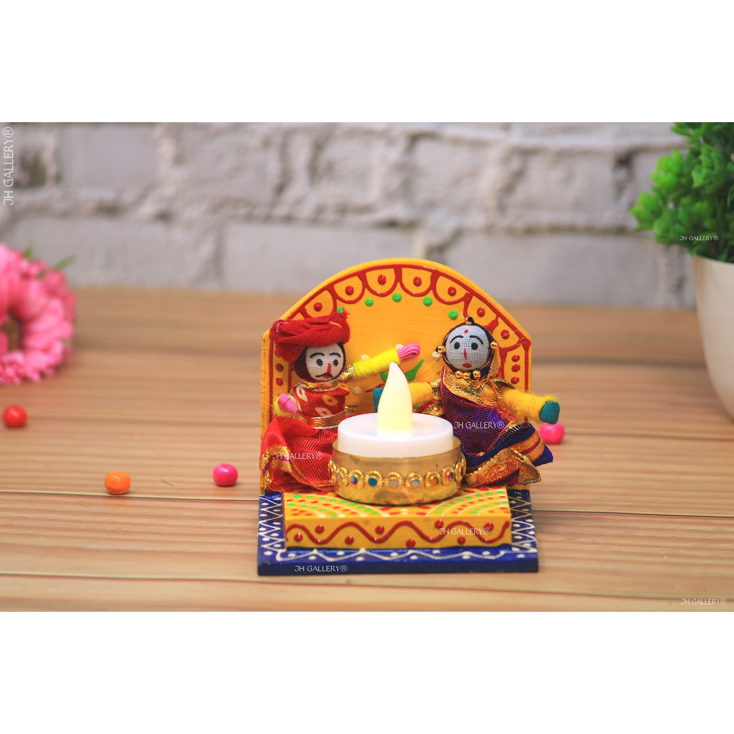 JH Gallery Handmade Recycled Material Rajasthani Dolls Puppet Wooden Based Tealight Candle Holder, Multicolor (Pack of 1)