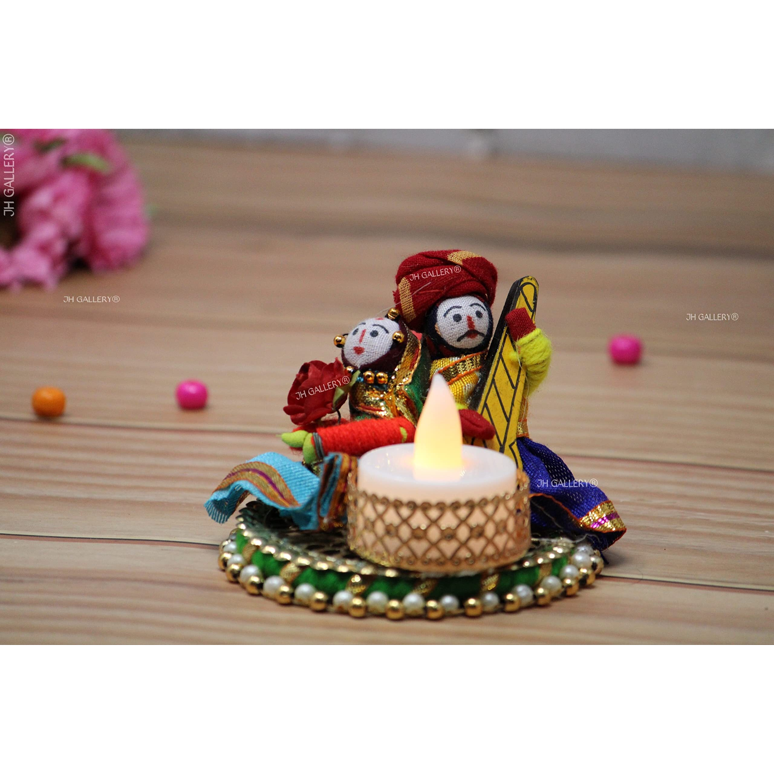 JH Gallery Handmade Recycled Material Rajasthani Dolls Puppet Tealight Candle Holder, Multicolor (Pack of 1)
