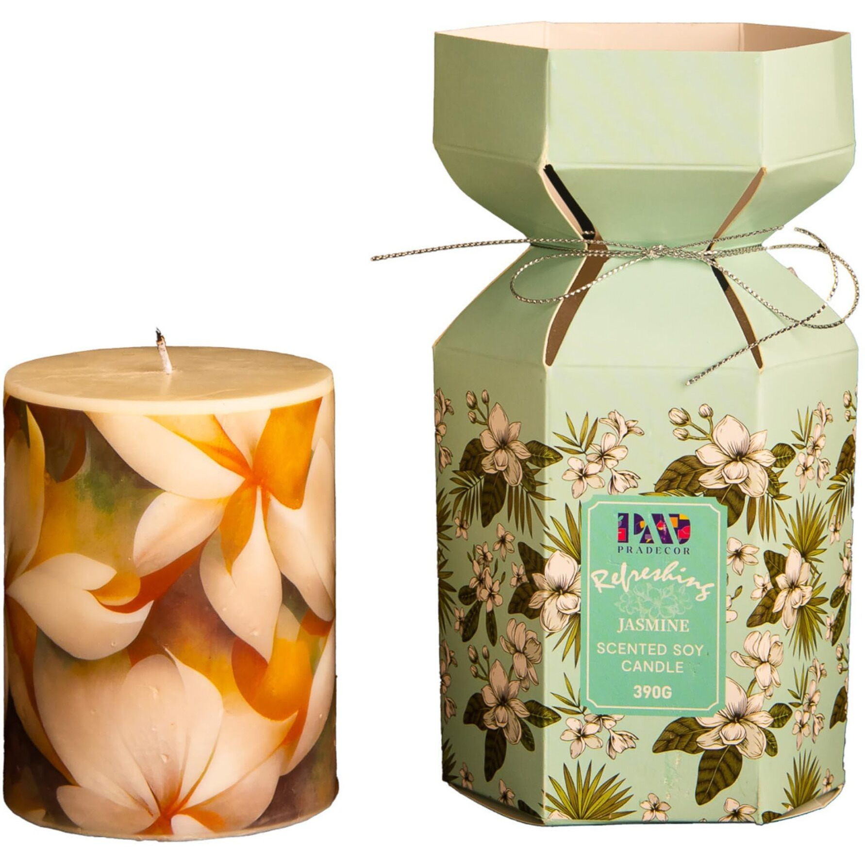 PRADECOR Scented Pillar Candle for Home Decor & Gifting  Jasmine Scented | Set of 1  3X4 Inch  Designer Candle | Soy Wax  390gm | Fragrance Candles for Festival Decor & Gifting