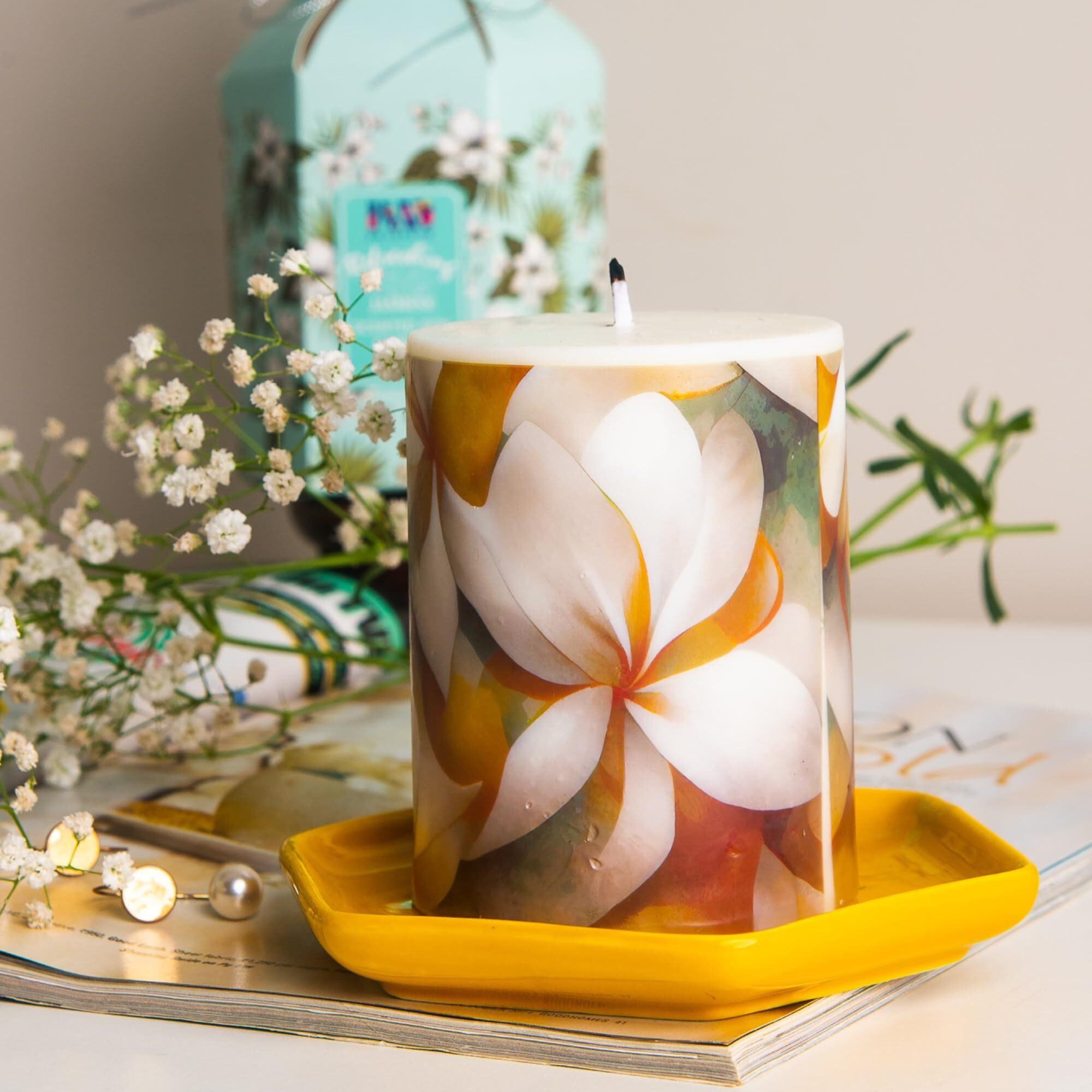 PRADECOR Scented Pillar Candle for Home Decor & Gifting  Jasmine Scented | Set of 1  3X4 Inch  Designer Candle | Soy Wax  390gm | Fragrance Candles for Festival Decor & Gifting