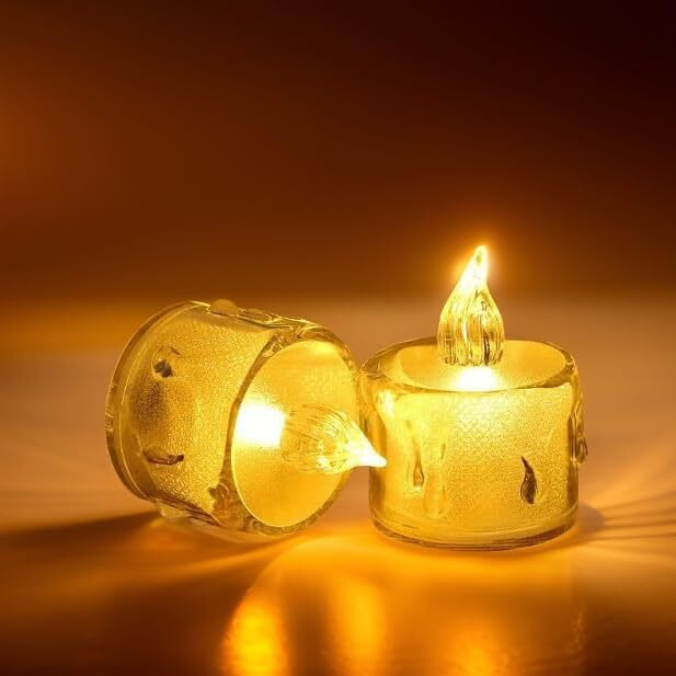 Casa Illuminate 6 Pcs Flameless and Smokeless Decorative Crystal Candles Transparent Acrylic Led Tea Light Candle for Decoration (6 Pieces, Yellow, 5 cm x 3.2 cm)