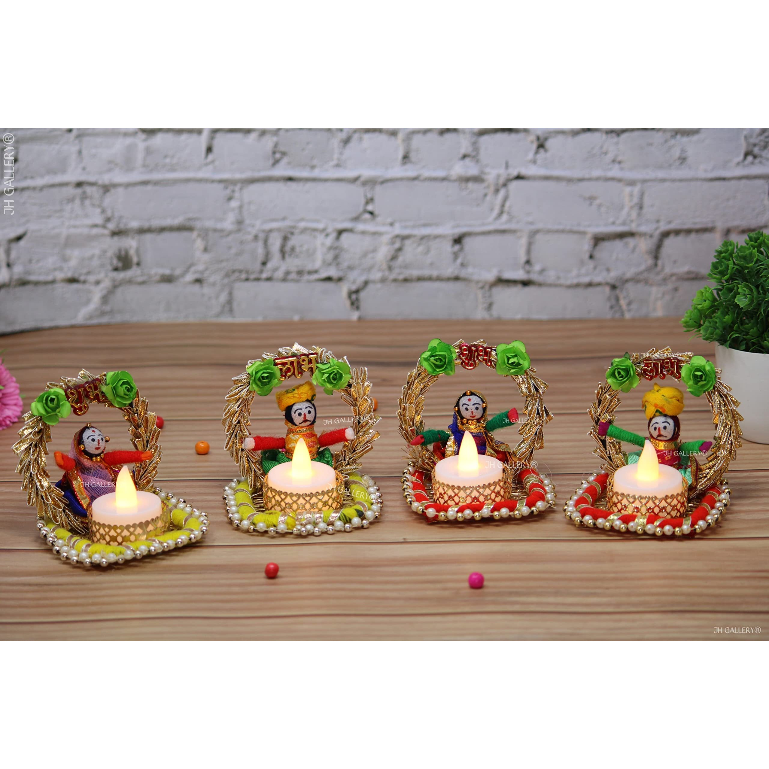 JH Gallery Rajasthani Dolls Shubh Laabh Tealight Candle Holder, Multicolor (2 Pair)(4 Candle Holders)