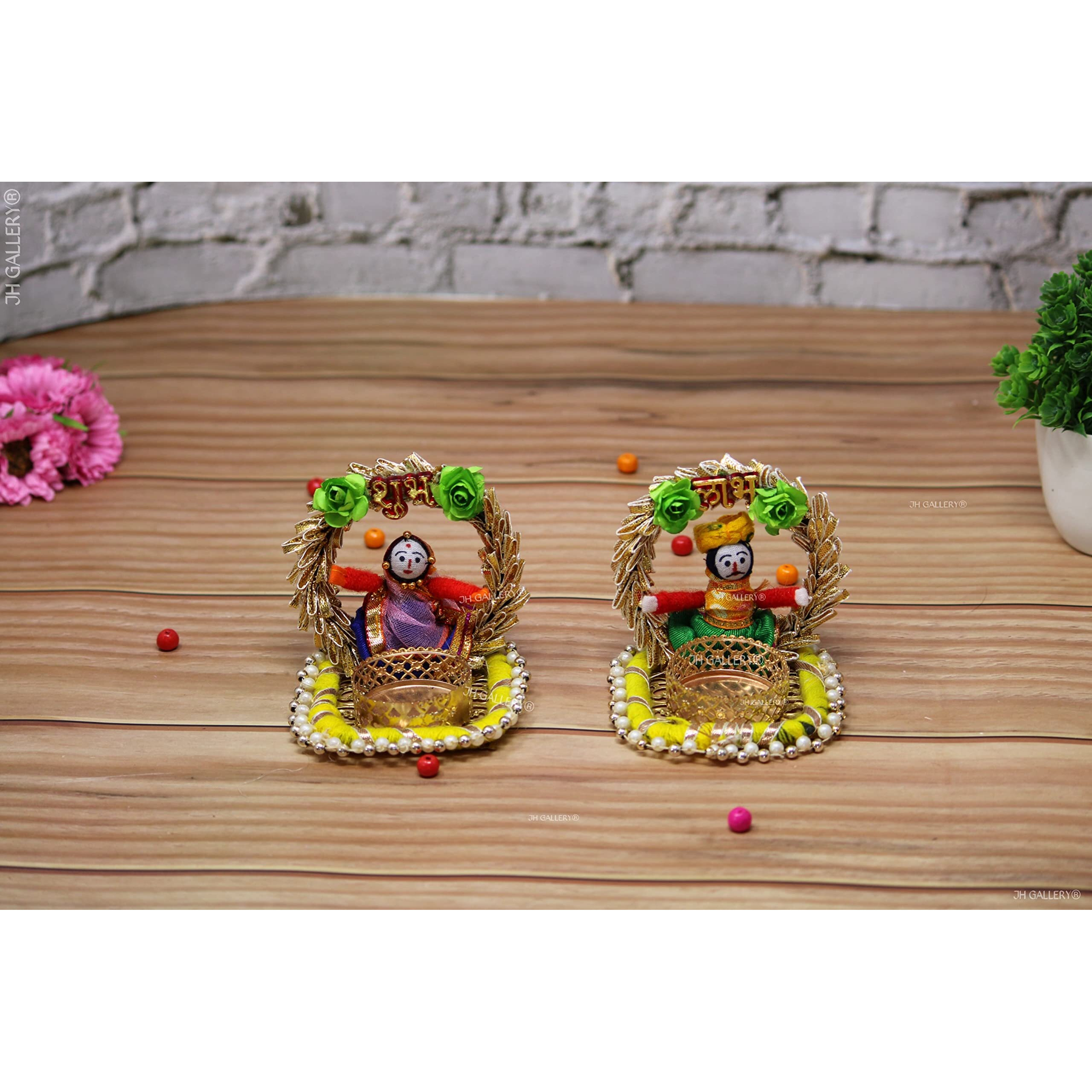 JH Gallery Rajasthani Dolls Shubh Laabh Tealight Candle Holder, Multicolor (2 Pair)(4 Candle Holders)