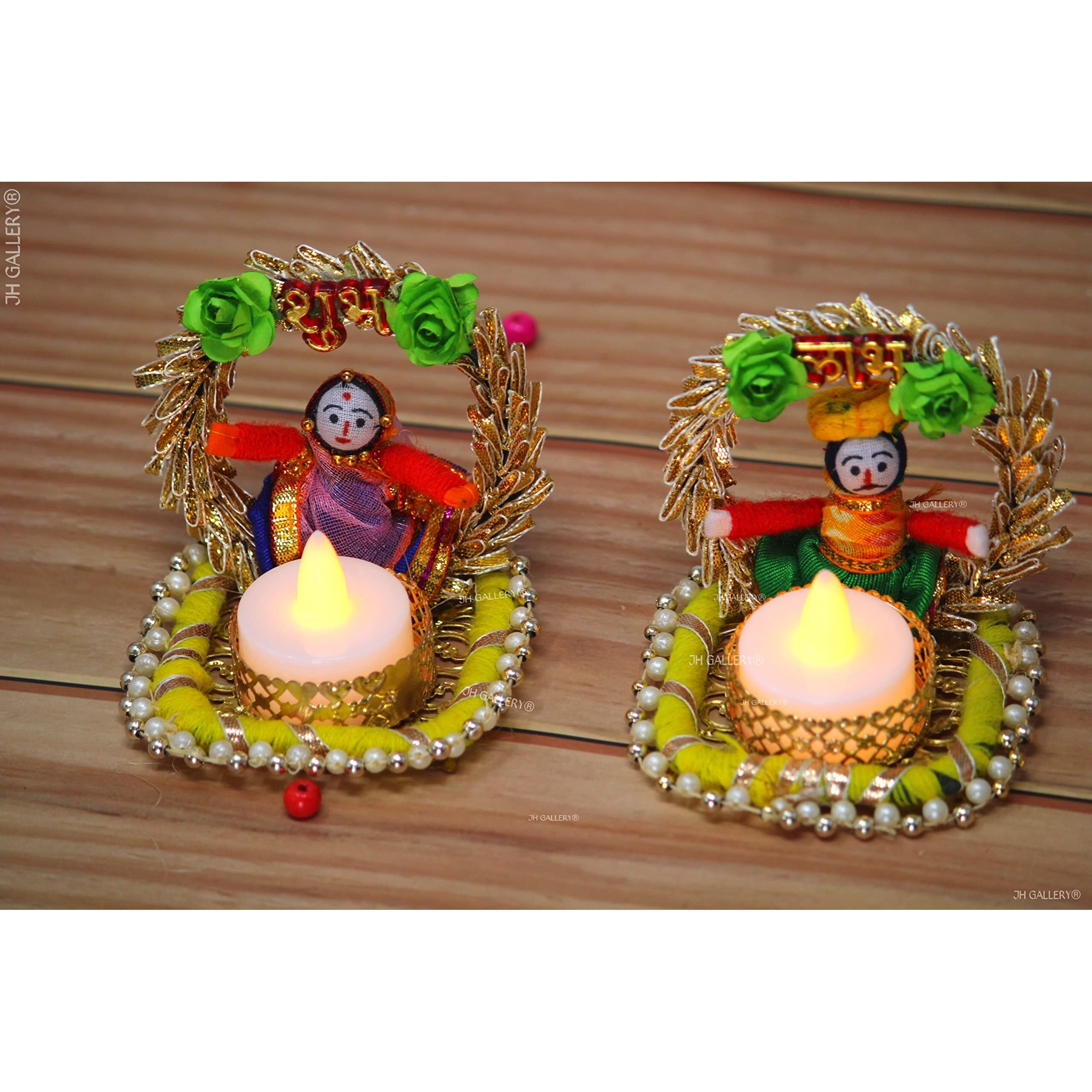 JH Gallery Rajasthani Dolls Shubh Laabh Tealight Candle Holder, Multicolor (2 Pair)(4 Candle Holders)