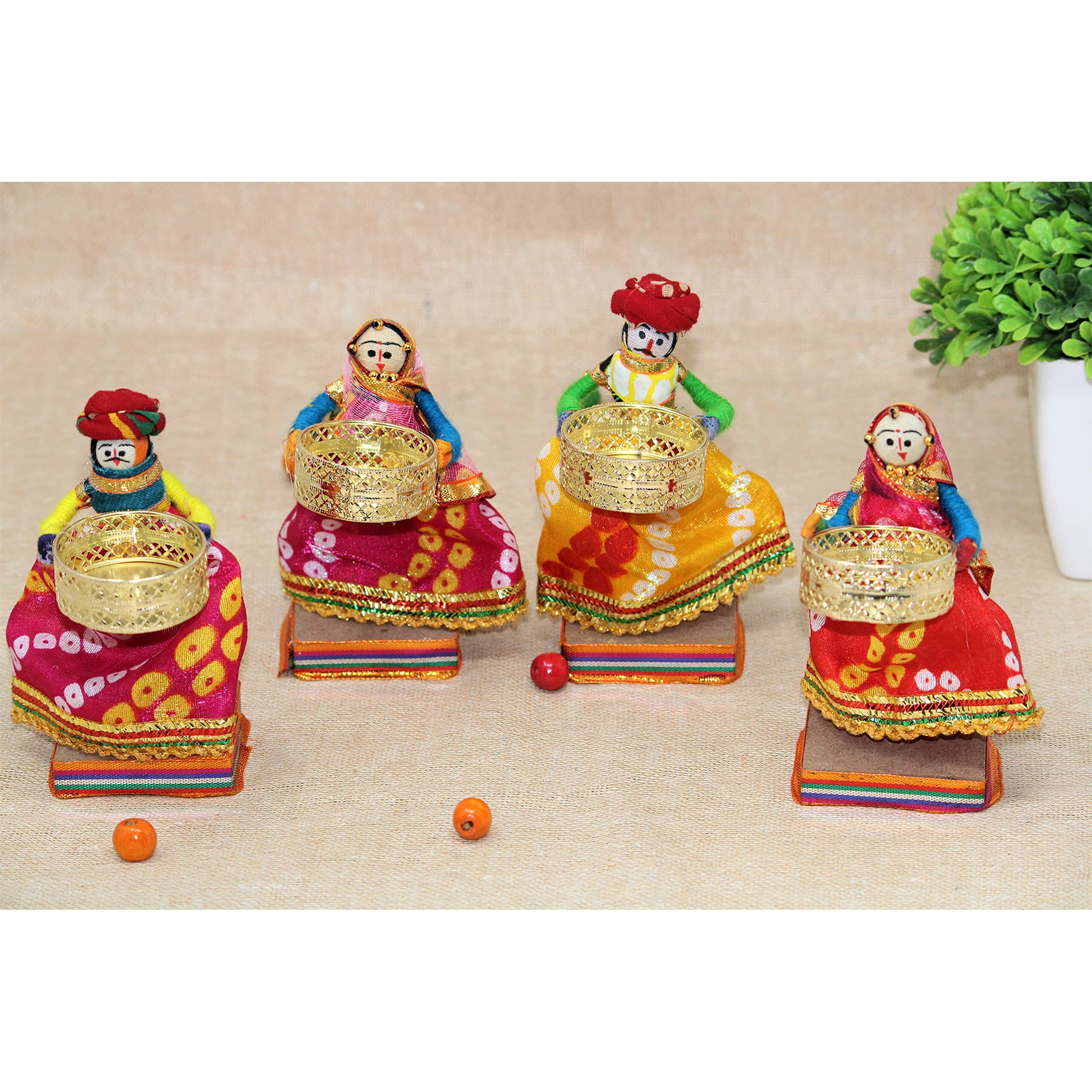 JH Gallery Recycled Martial Rajasthani Standing Dolls Tealight Candle Holder, Multicolor (2 Pair)(4 Candle Holders)