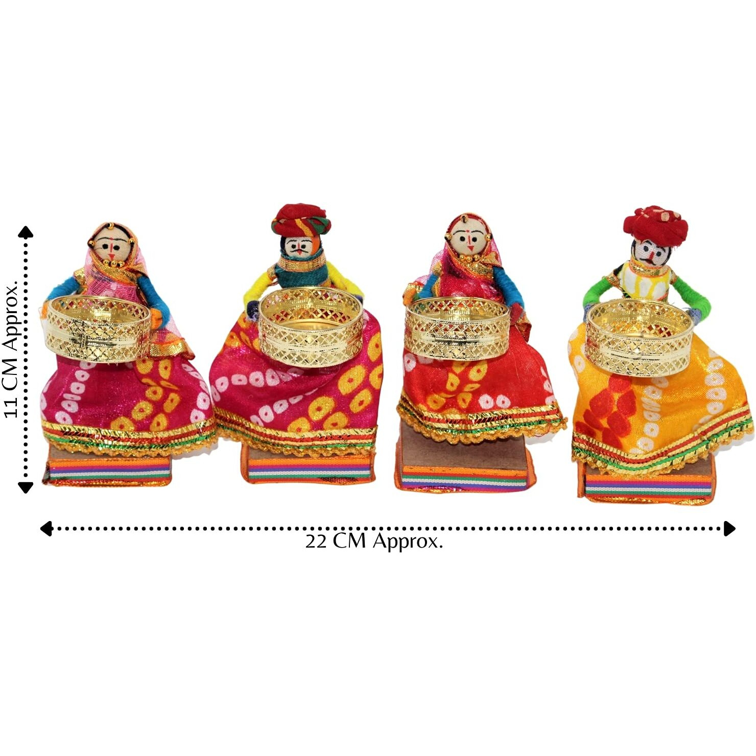 JH Gallery Recycled Martial Rajasthani Standing Dolls Tealight Candle Holder, Multicolor (2 Pair)(4 Candle Holders)