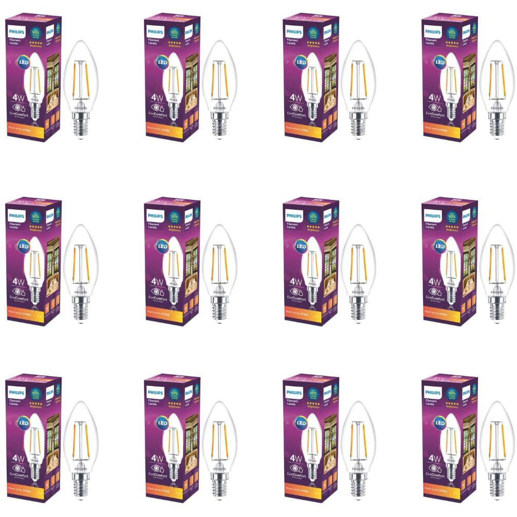 Philips E14 Clear Candle 400-Lumen Decorative Wall Lights (4W, Pack of 12, Warm White)