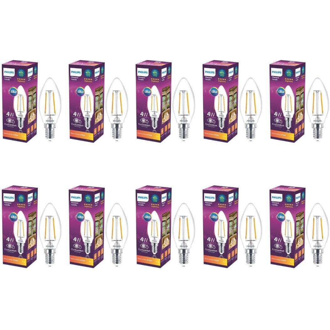PHILIPS E14 Clear Candle 400-Lumen Decorative Wall Lights (4W, Warm White, Pack of 10)