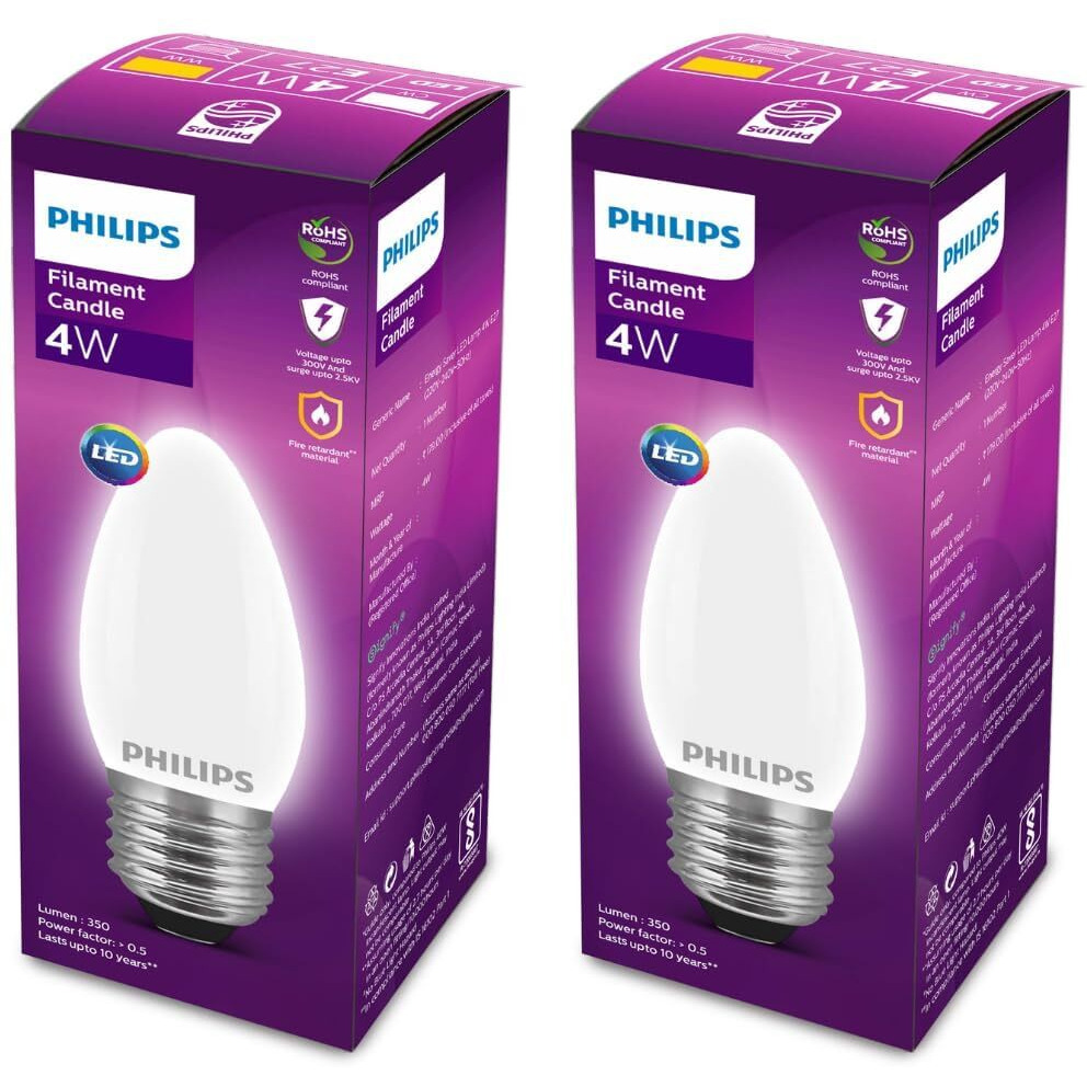 Philips E27 Candle Frosted 400-Lumen Decorative Wall Lights (4W, Pack of 2, Warm White)