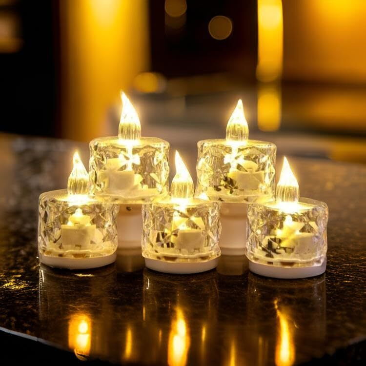 Casa Illuminate 40 Pcs Flameless and Smokeless Decorative Crystal Candles Transparent Acrylic Led Tea Light Candle for Decoration (40 Pieces, Yellow, 5 cm)
