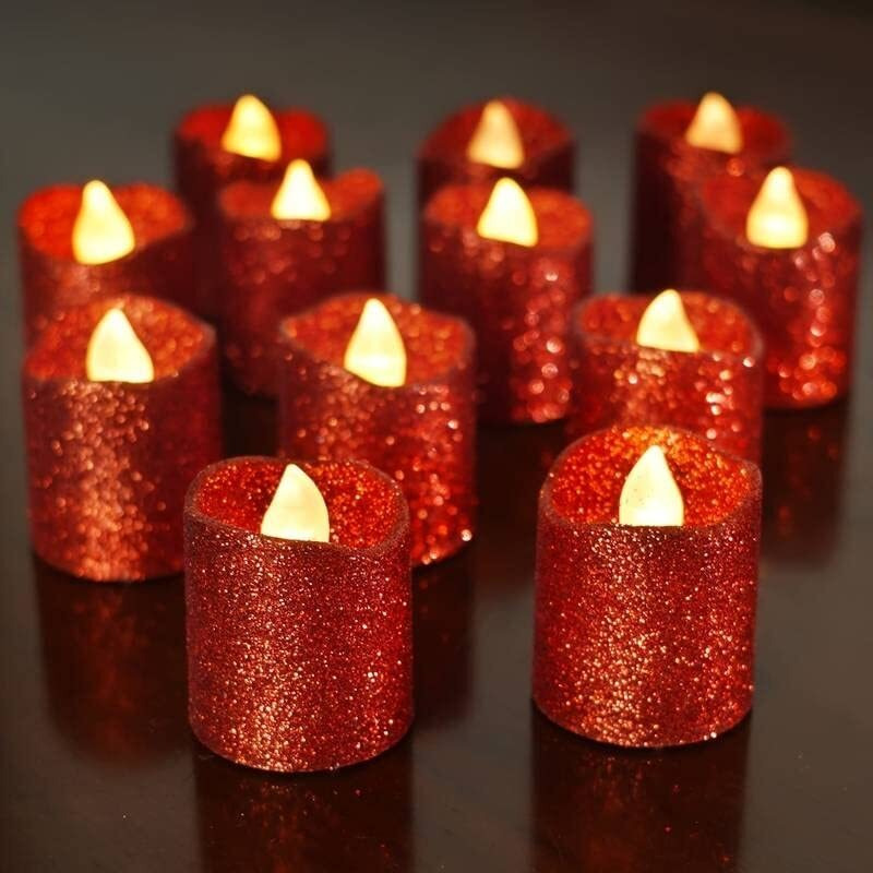 SATYAM KRAFT 6 Pcs Flameless and Smokeless Decorative Acrylic Glitter Votive led Candle Tea Light Candle Perfect for Gifting Decoration, Home Decor Candles (4.7 cm) (Red)
