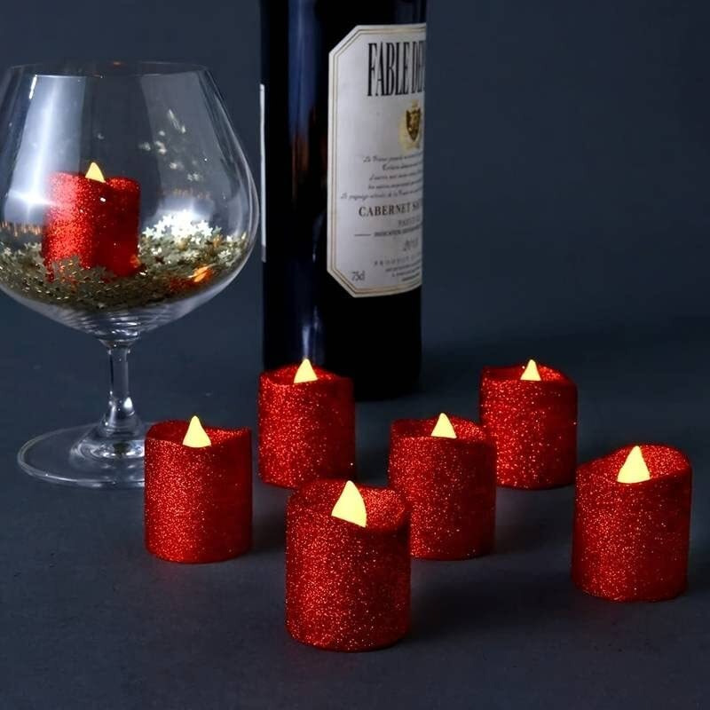 SATYAM KRAFT 6 Pcs Flameless and Smokeless Decorative Acrylic Glitter Votive led Candle Tea Light Candle Perfect for Gifting Decoration, Home Decor Candles (4.7 cm) (Red)