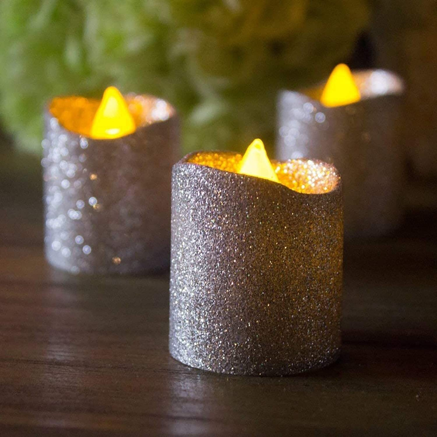 SATYAM KRAFT 6 Pcs Flameless and Smokeless Decorative Acrylic Glitter led Candle Tea Light Candle Perfect for Gifting,Festival Decoration,Home Decor Candles (4.7 cm) (Silver)