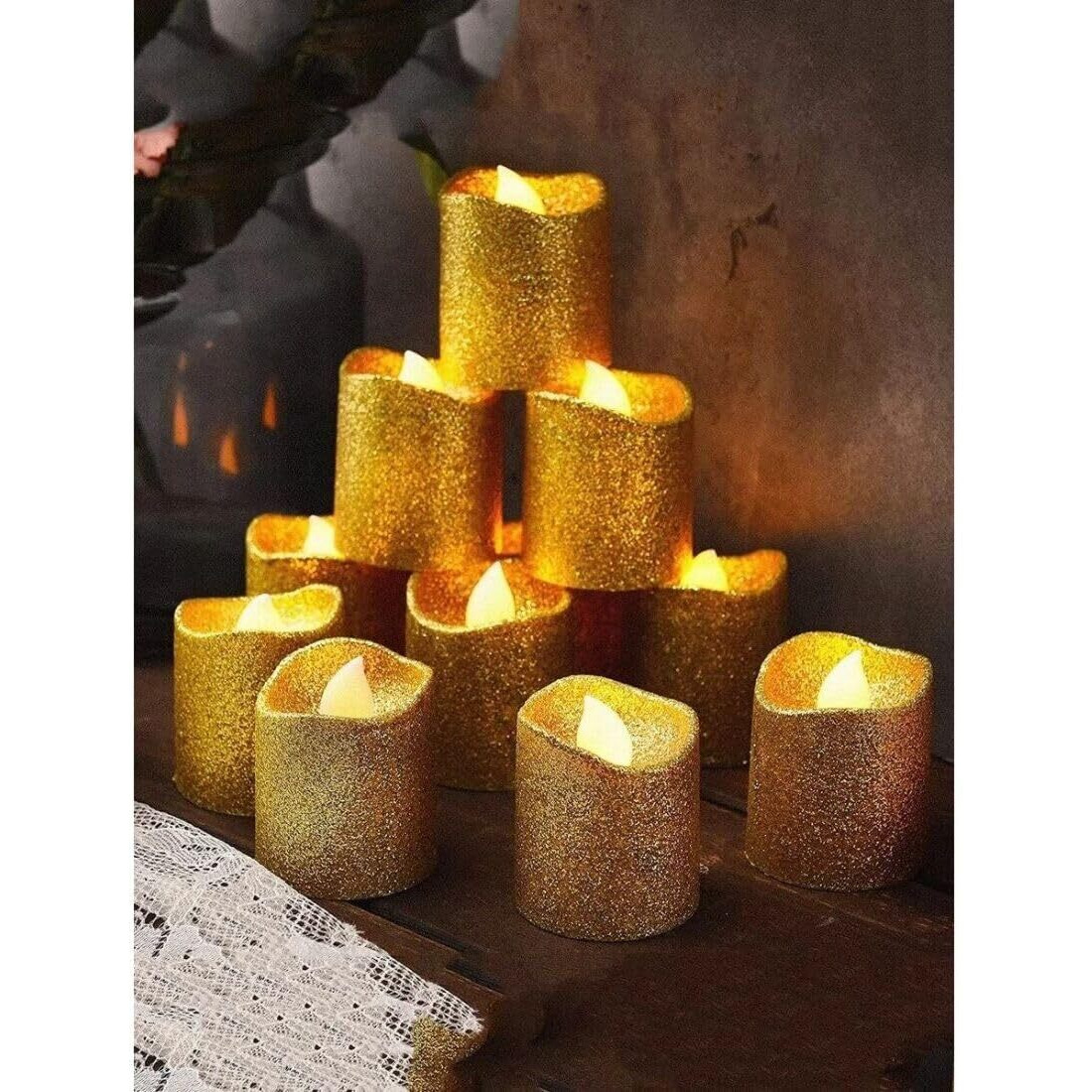 SATYAM KRAFT 6 Pcs Flameless and Smokeless Decorative Acrylic Glitter Votive led Candle Tea Light Candle Perfect for Gifting Decoration, Home Decor Candles (4.7 cm, Golden)
