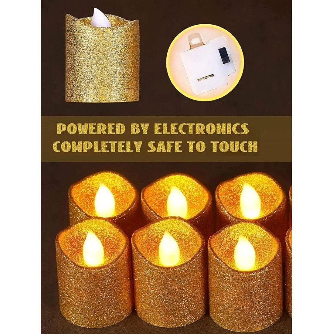 SATYAM KRAFT 6 Pcs Flameless and Smokeless Decorative Acrylic Glitter Votive led Candle Tea Light Candle Perfect for Gifting Decoration, Home Decor Candles (4.7 cm, Golden)