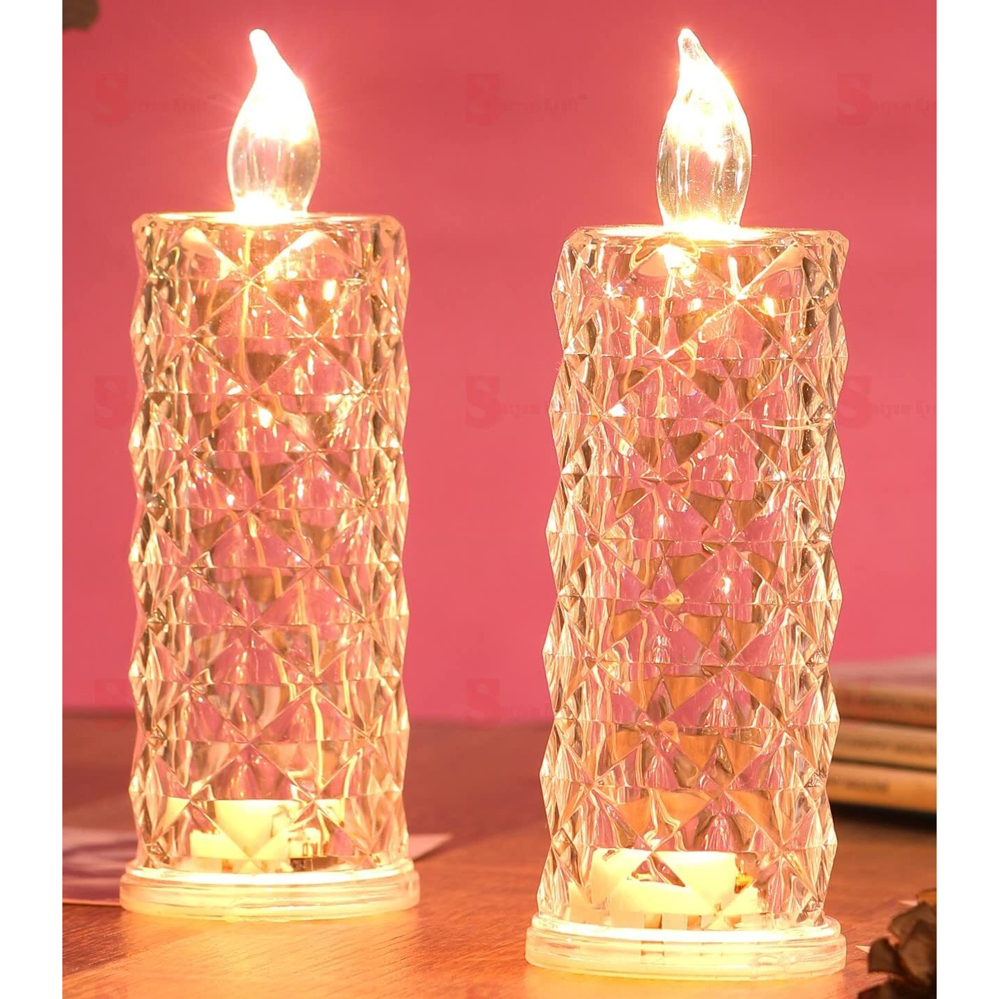 SATYAM KRAFT 2 Pcs Flameless and Smokeless Decorative Acrylic Transparent Candles Led Tea Light Candle Perfect for Gifting, Home Decor(Yellow) (15 cm Height) (Pack of 2) (Model 1)
