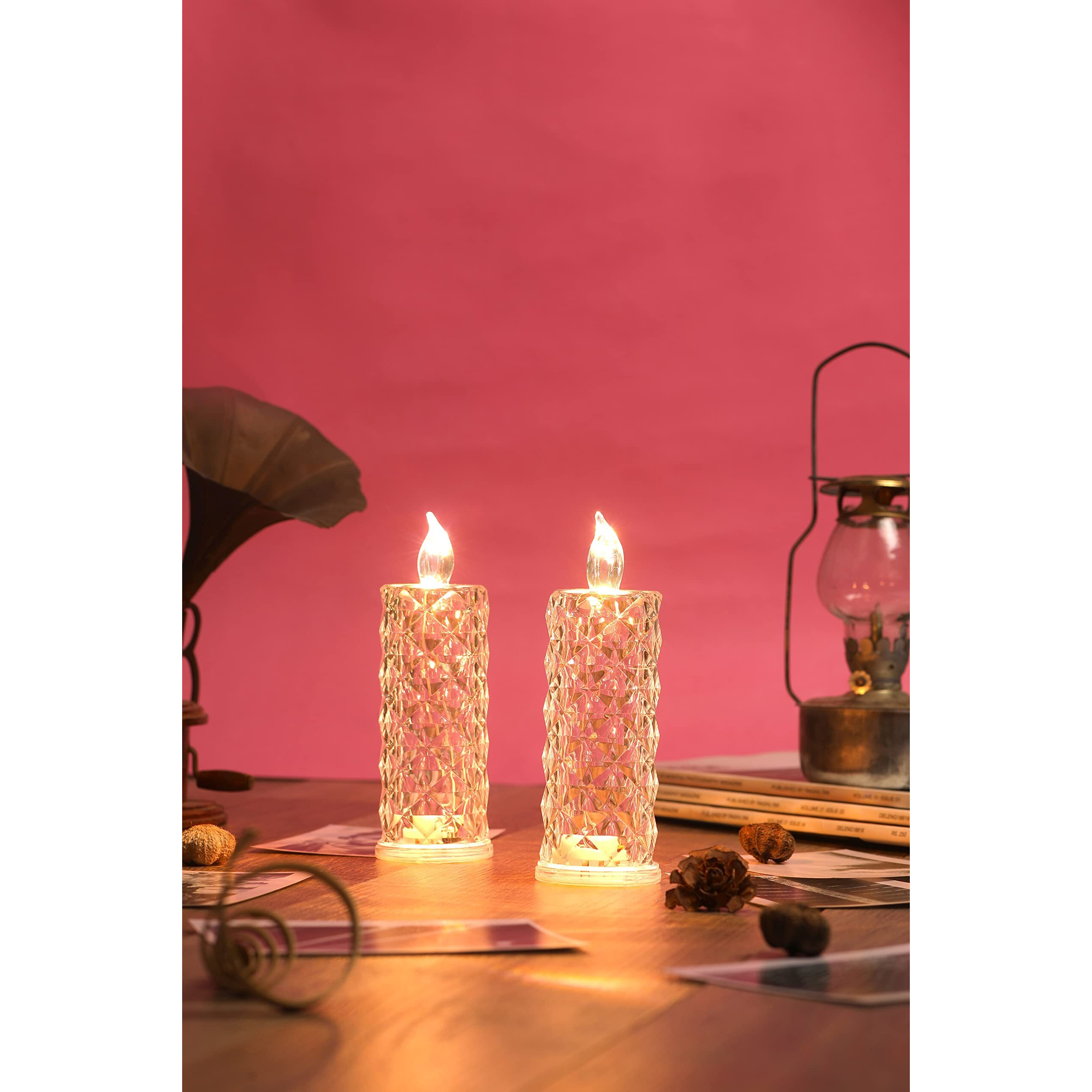 SATYAM KRAFT 2 Pcs Flameless and Smokeless Decorative Acrylic Transparent Candles Led Tea Light Candle Perfect for Gifting, Home Decor(Yellow) (15 cm Height) (Pack of 2) (Model 1)