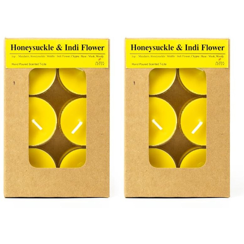 AuraDecor Scented Soy Wax Acrylic Tealight Candle, Organic Luxury Aroma, Aromatic/Aromatherapy Candle || Burning Time upto 4 hours (Honey Suckle & IndiFlower, Pack of 12 Tealights)