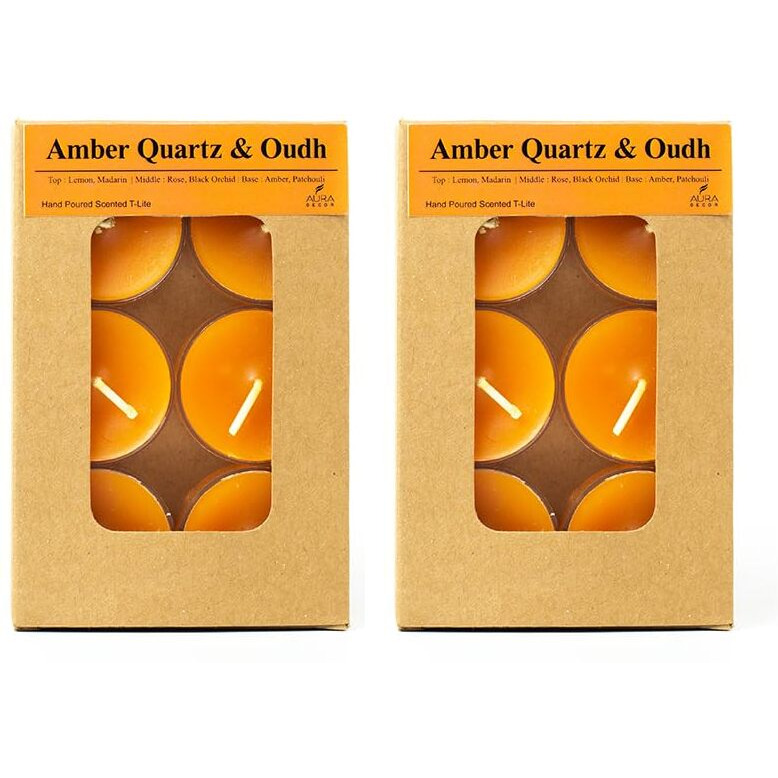 AuraDecor Scented Soy Wax Acrylic Tealight Candle, Organic Luxury Aroma, Aromatic/Aromatherapy Candle || Burning Time upto 4 hours (Amber Quartz & Oudh, Pack of 12 Tealights)