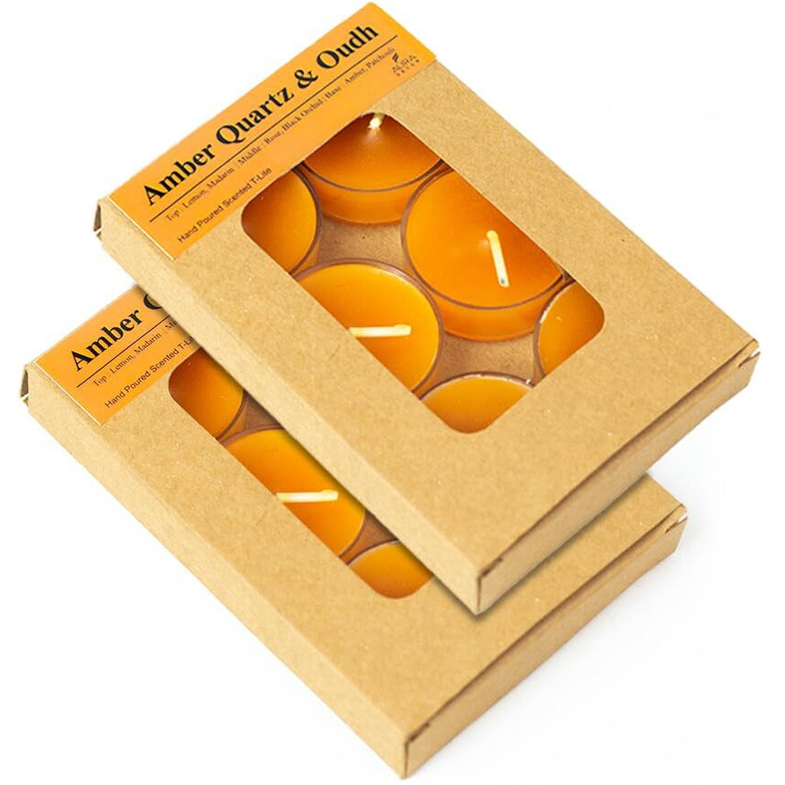 AuraDecor Scented Soy Wax Acrylic Tealight Candle, Organic Luxury Aroma, Aromatic/Aromatherapy Candle || Burning Time upto 4 hours (Amber Quartz & Oudh, Pack of 12 Tealights)