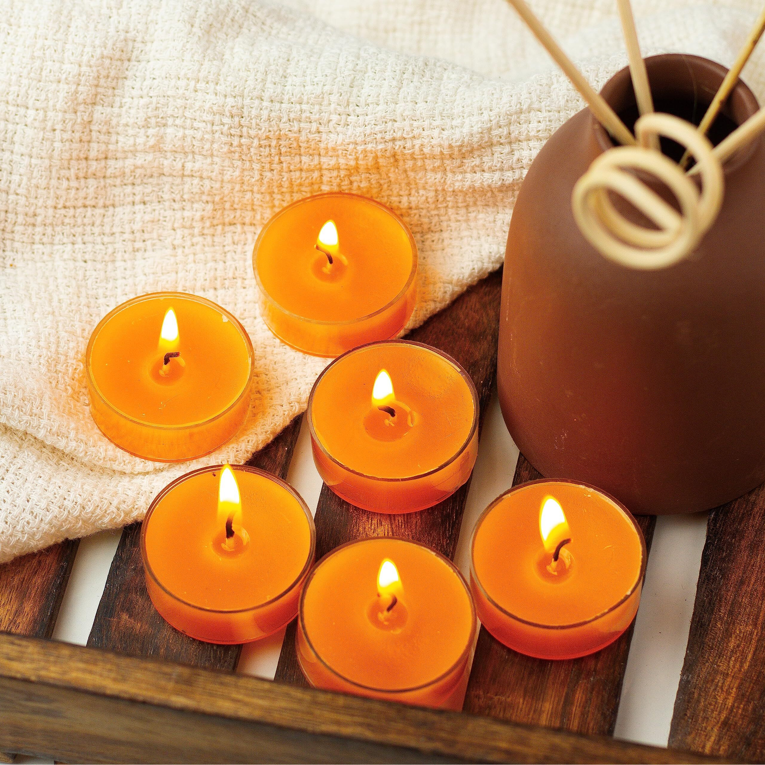 AuraDecor Scented Soy Wax Acrylic Tealight Candle, Organic Luxury Aroma, Aromatic/Aromatherapy Candle || Burning Time upto 4 hours (Amber Quartz & Oudh, Pack of 12 Tealights)