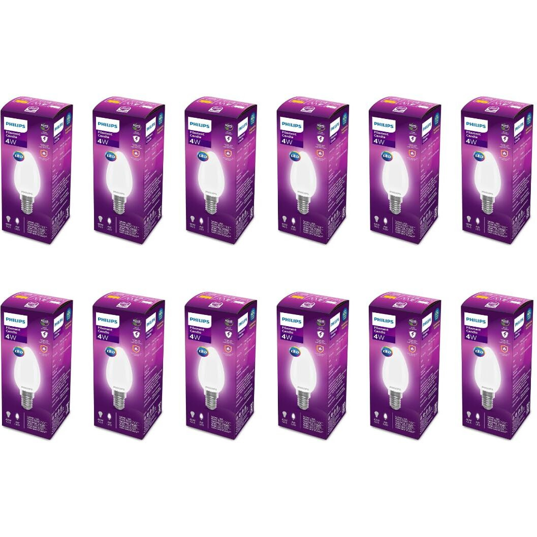 Philips 4-Watt 400-lumen Frosted Candle E14 Base (Cool White, Pack of 12) - Decorative, Ambience for Chandeliers, Wall lights, Desk lamps, Floor lamps