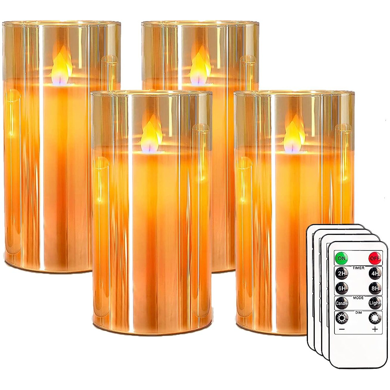 Pack 4 - LED Glass Cup Pillar Candle | Real Wax | Flameless Electric Candles with Flickering Faux Wick | Amber Color Glass | Battery Powered with Remote Controller for Home Decor (H-6 x D-3)