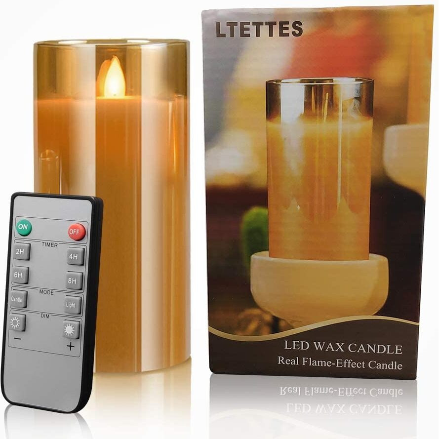 Pack 4 - LED Glass Cup Pillar Candle | Real Wax | Flameless Electric Candles with Flickering Faux Wick | Amber Color Glass | Battery Powered with Remote Controller for Home Decor (H-6 x D-3)