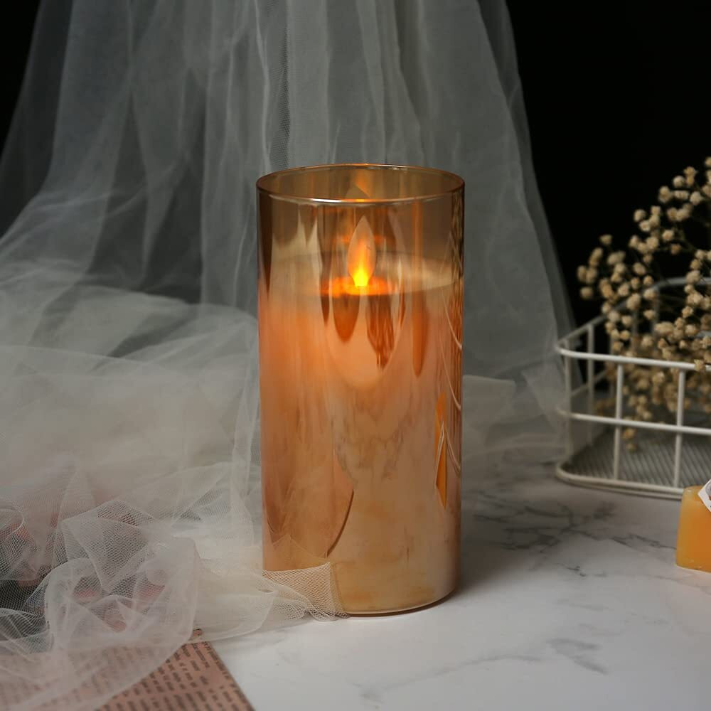 Pack 4 - LED Glass Cup Pillar Candle | Real Wax | Flameless Electric Candles with Flickering Faux Wick | Amber Color Glass | Battery Powered with Remote Controller for Home Decor (H-6 x D-3)