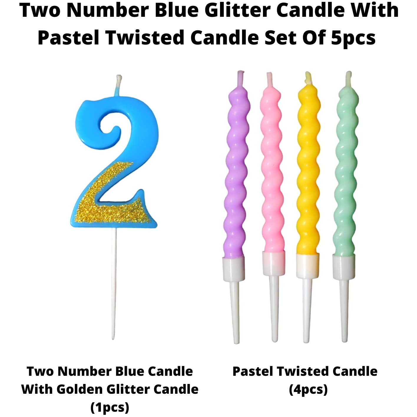 Party Decorz Number 2 Candle | Two Number Candle | Two Number Blue Glitter Candle with Pastel Twisted Candle Set of 5pcs for Birthday,Anniversary, Surprise Party Cake Decoration Candle