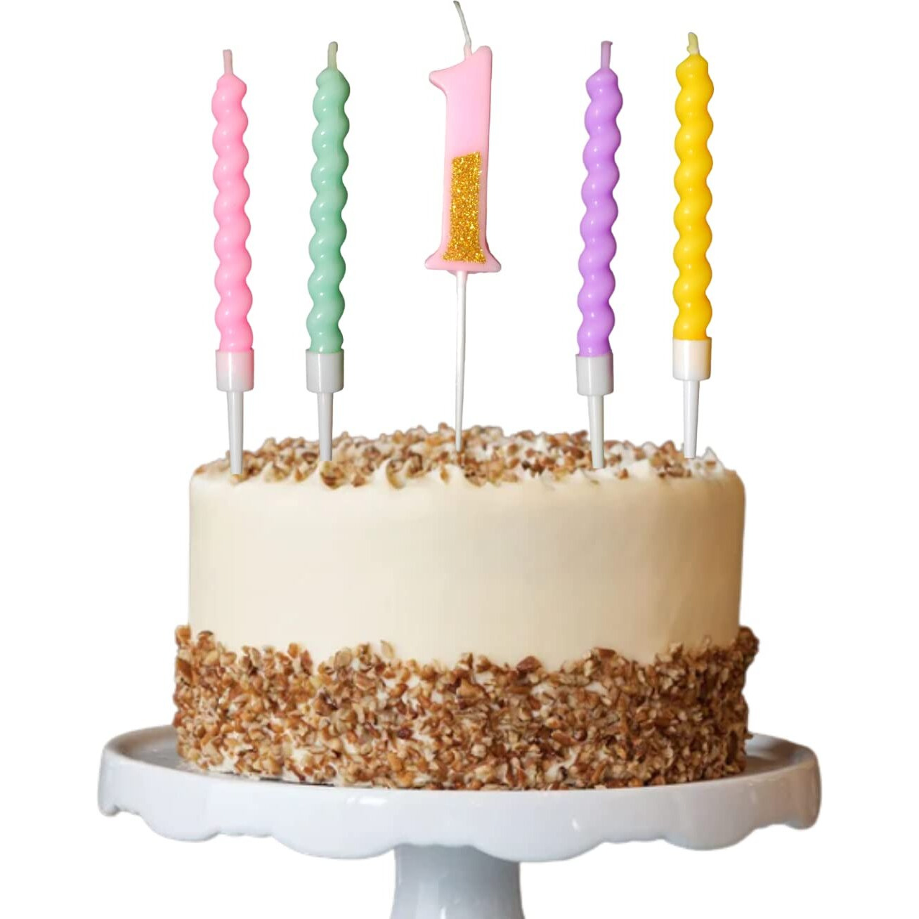 Party Decorz Number 1 Candle | One Number Candle | One Number Pink Glitter Candle with Pastel Twisted Candle Set of 5pcs for Birthday,Anniversary, Surprise Party Cake Decoration Candle