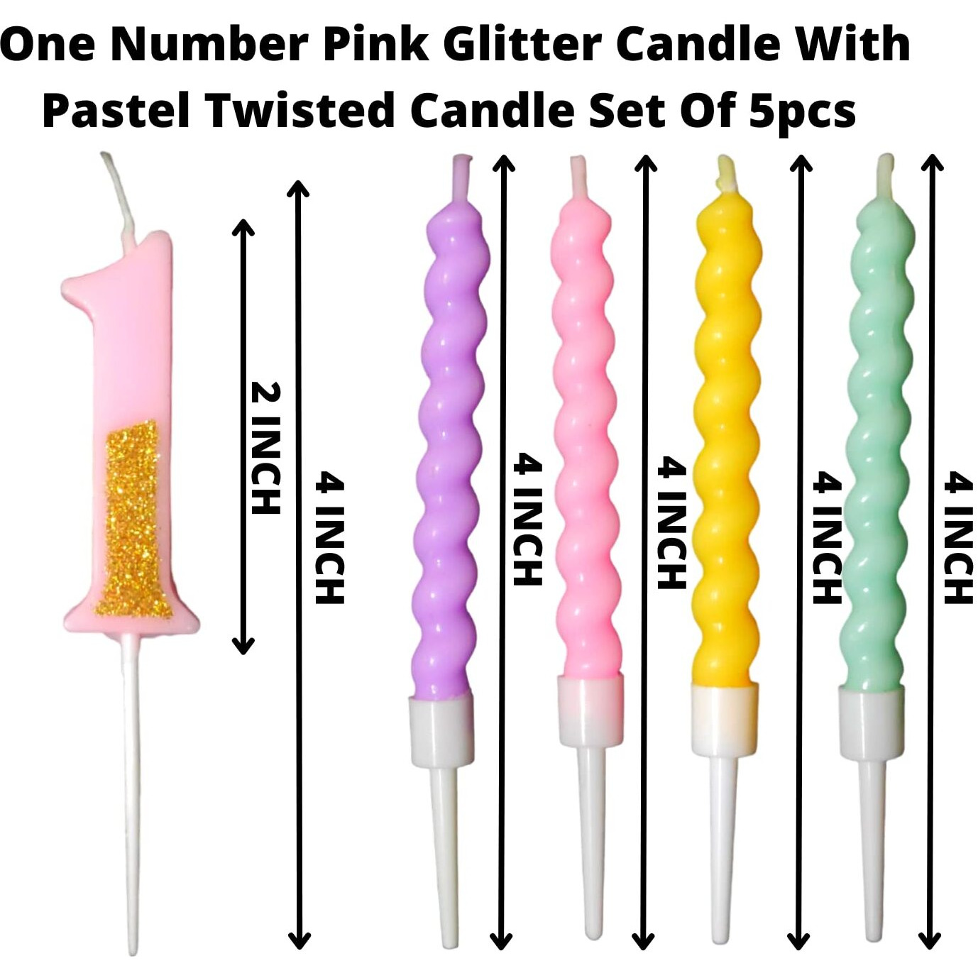 Party Decorz Number 1 Candle | One Number Candle | One Number Pink Glitter Candle with Pastel Twisted Candle Set of 5pcs for Birthday,Anniversary, Surprise Party Cake Decoration Candle