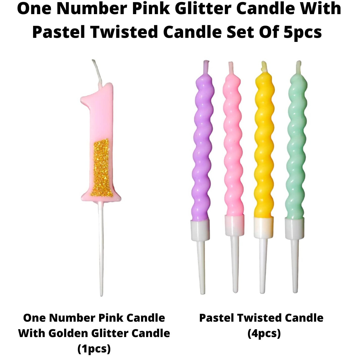 Party Decorz Number 1 Candle | One Number Candle | One Number Pink Glitter Candle with Pastel Twisted Candle Set of 5pcs for Birthday,Anniversary, Surprise Party Cake Decoration Candle