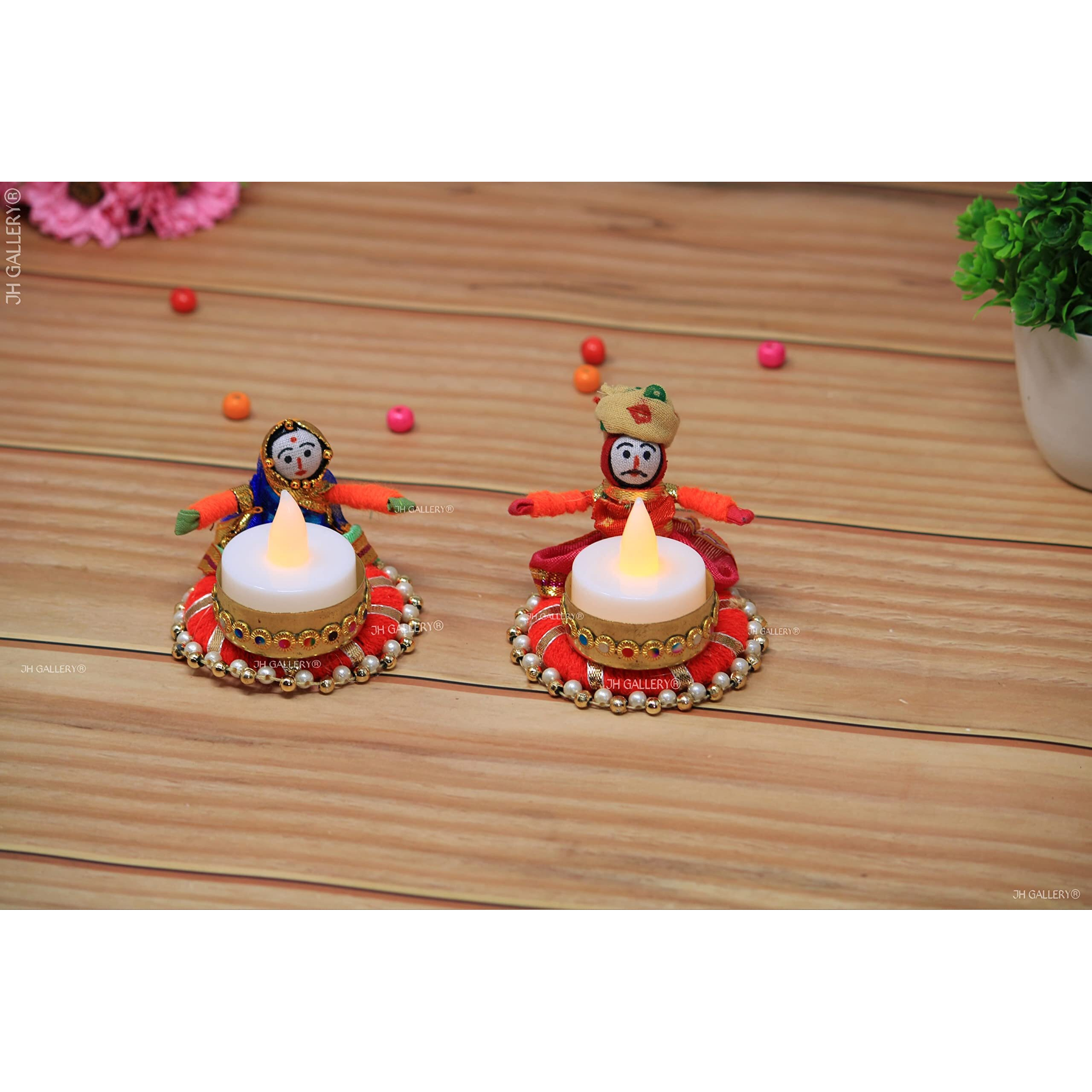 JH Gallery Handmade Recycled Material Rajasthani Dolls Puppet Tealight Candle Holders, (Multicolor 2 Pair)
