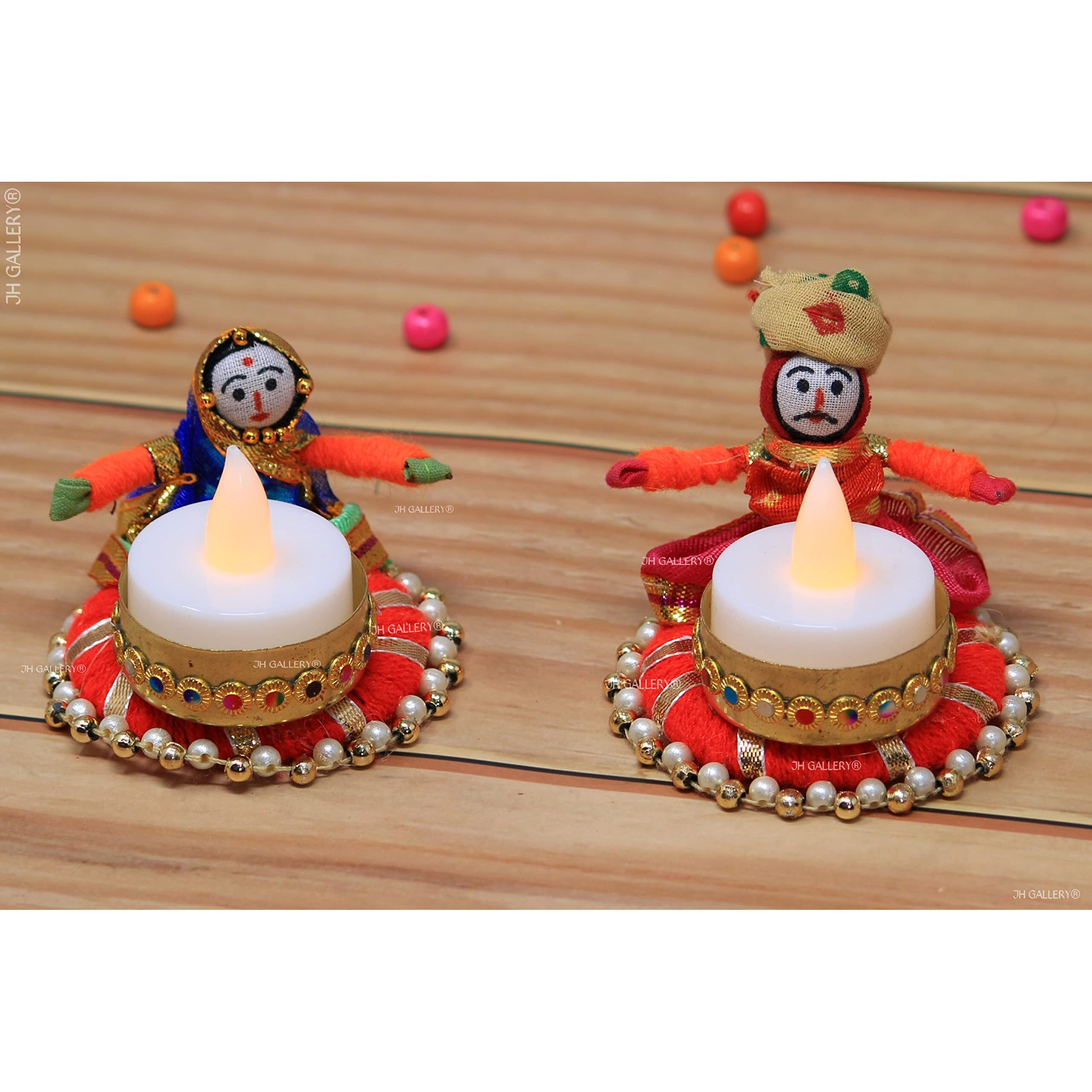 JH Gallery Handmade Recycled Material Rajasthani Dolls Puppet Tealight Candle Holders, (Multicolor 2 Pair)