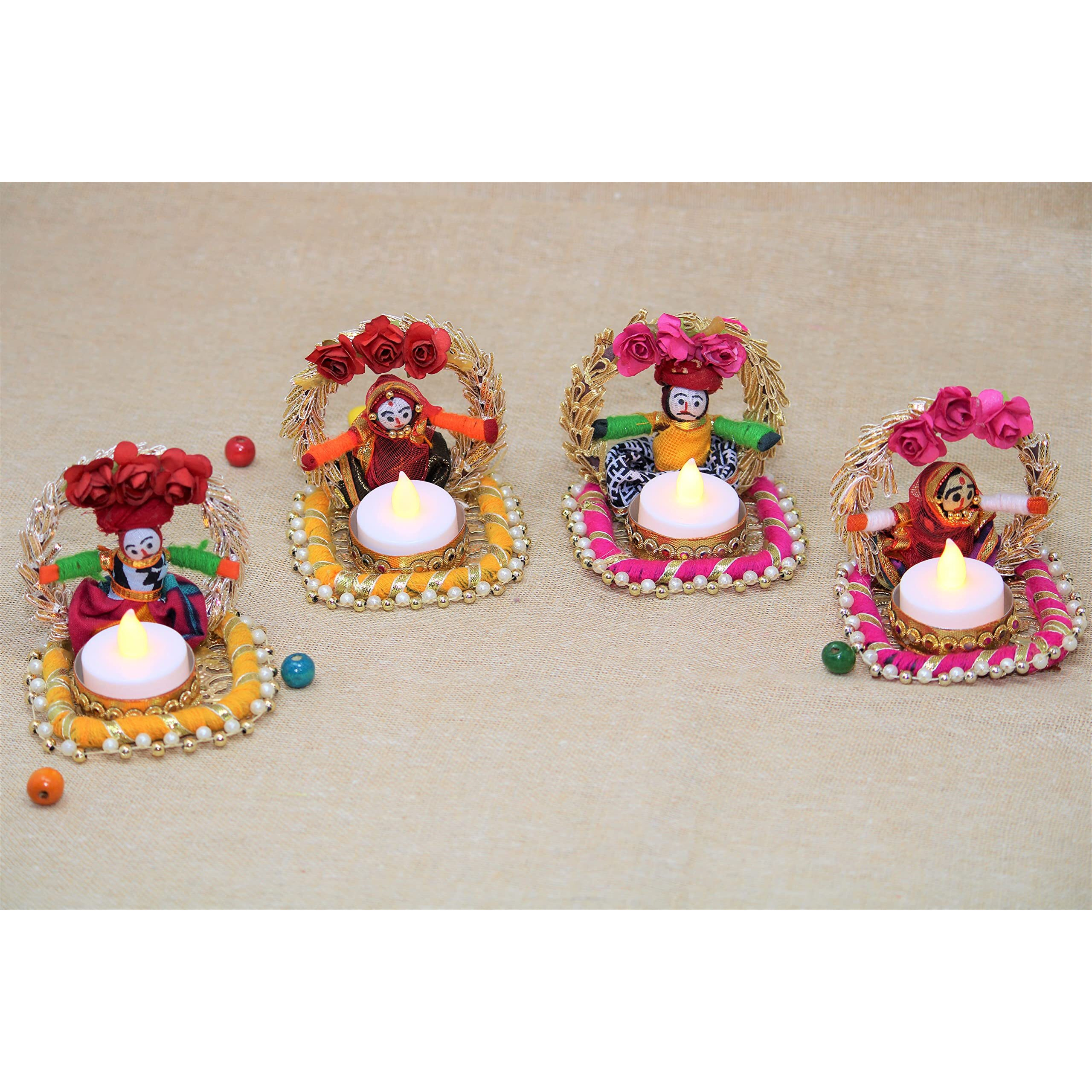 JH Gallery Handmade Recycled Material Rajasthani Dolls Puppet Tealight Candle Holders, (Multicolor 2 Pair)