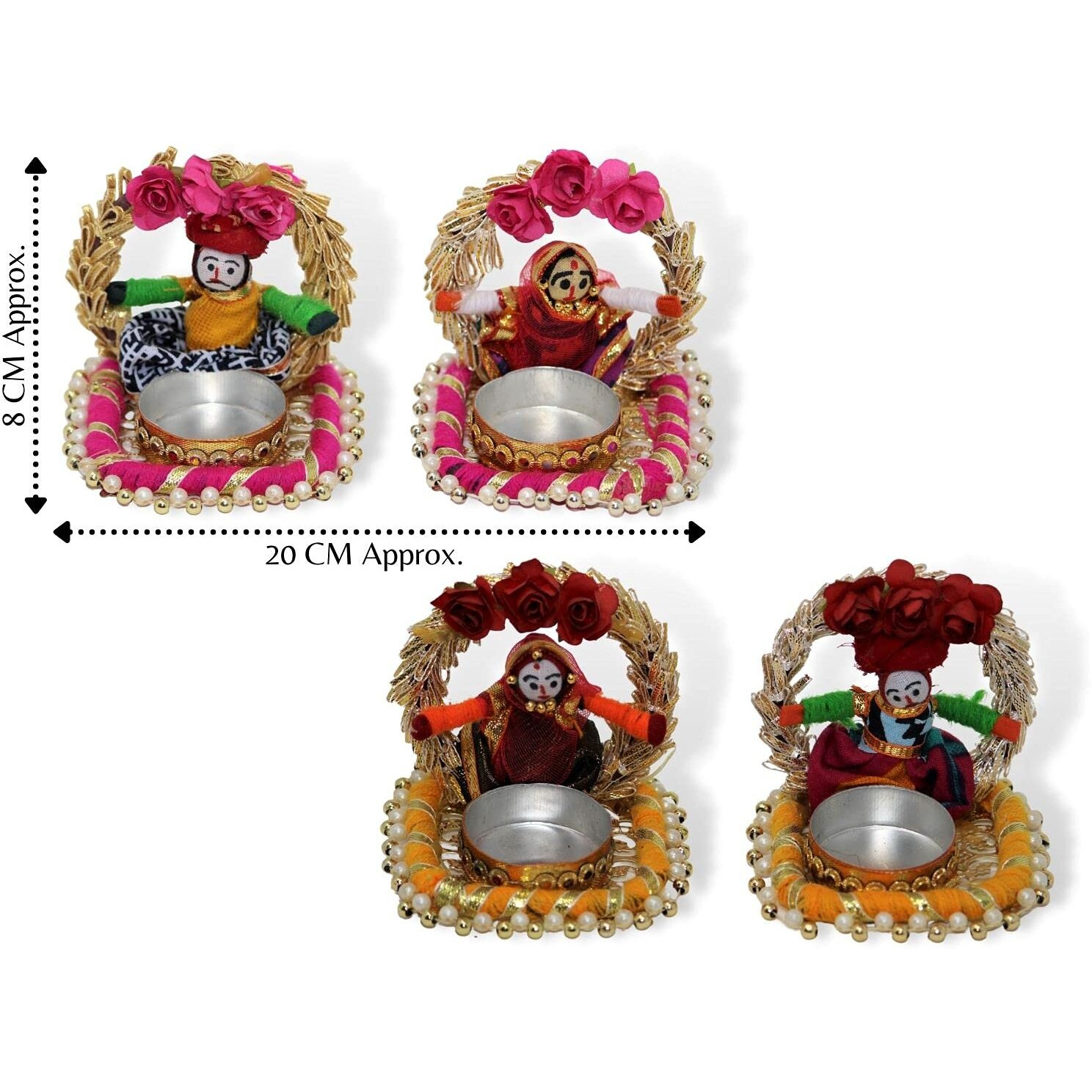 JH Gallery Handmade Recycled Material Rajasthani Dolls Puppet Tealight Candle Holders, (Multicolor 2 Pair)