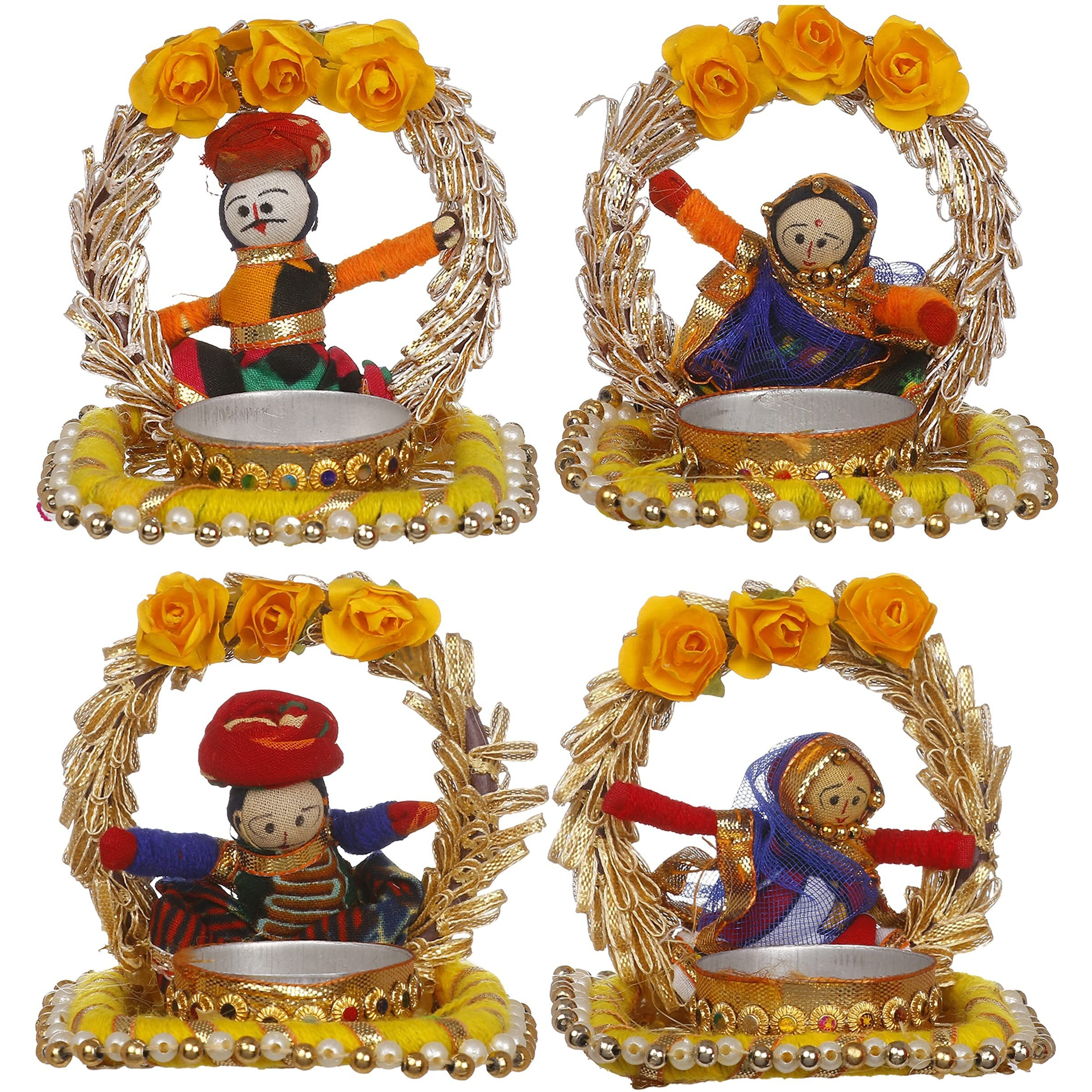 JH Gallery Handmade Recycled Material Rajasthani Dolls Puppet Tealight Candle Holders, (Multicolor 2 Pair)