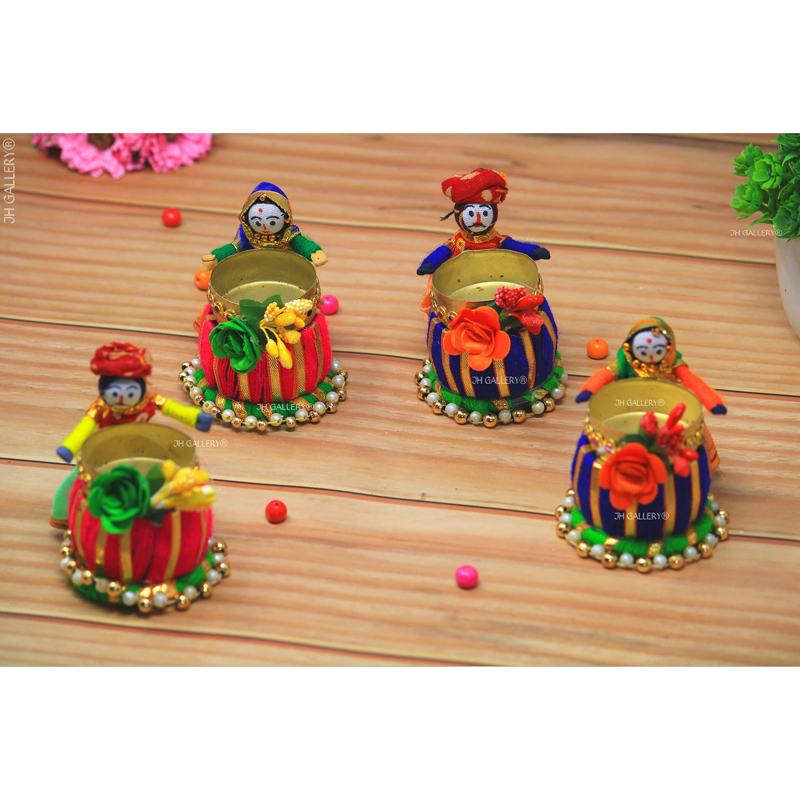 JH Gallery Recycled Material Rajasthani Puppet/Dolls Decorative Tealight Candle Holder (2 Pair - 4 Candle Holders)